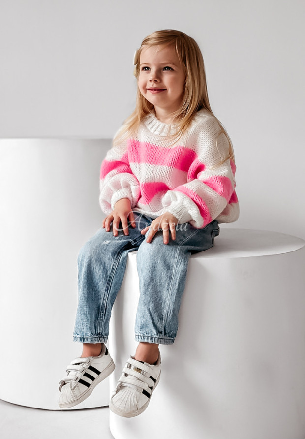 Detský sveter oversize pásikavý Cute Duo bielo-ružový