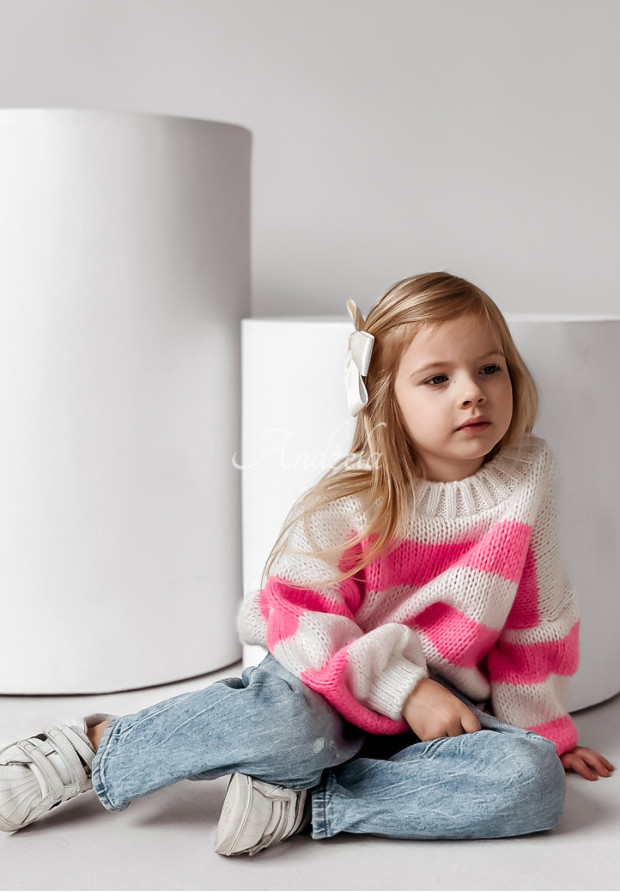 Detský sveter oversize pásikavý Cute Duo bielo-ružový