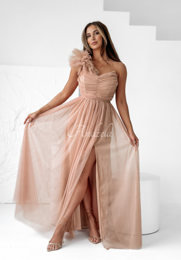 Asymetrické tylové šaty maxi Elegant Tonic púdrovo ružová