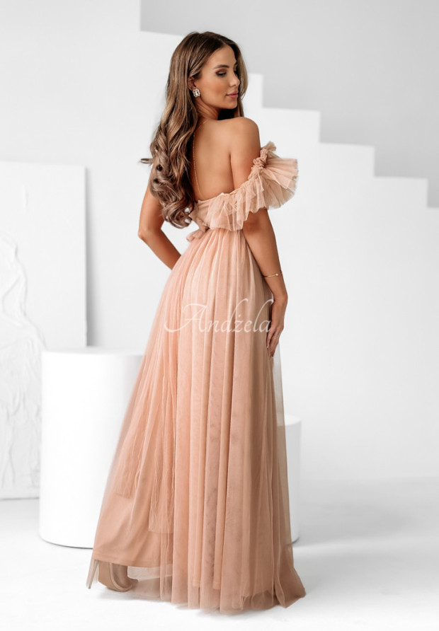 Asymetrické tylové šaty maxi Elegant Tonic púdrovo ružová