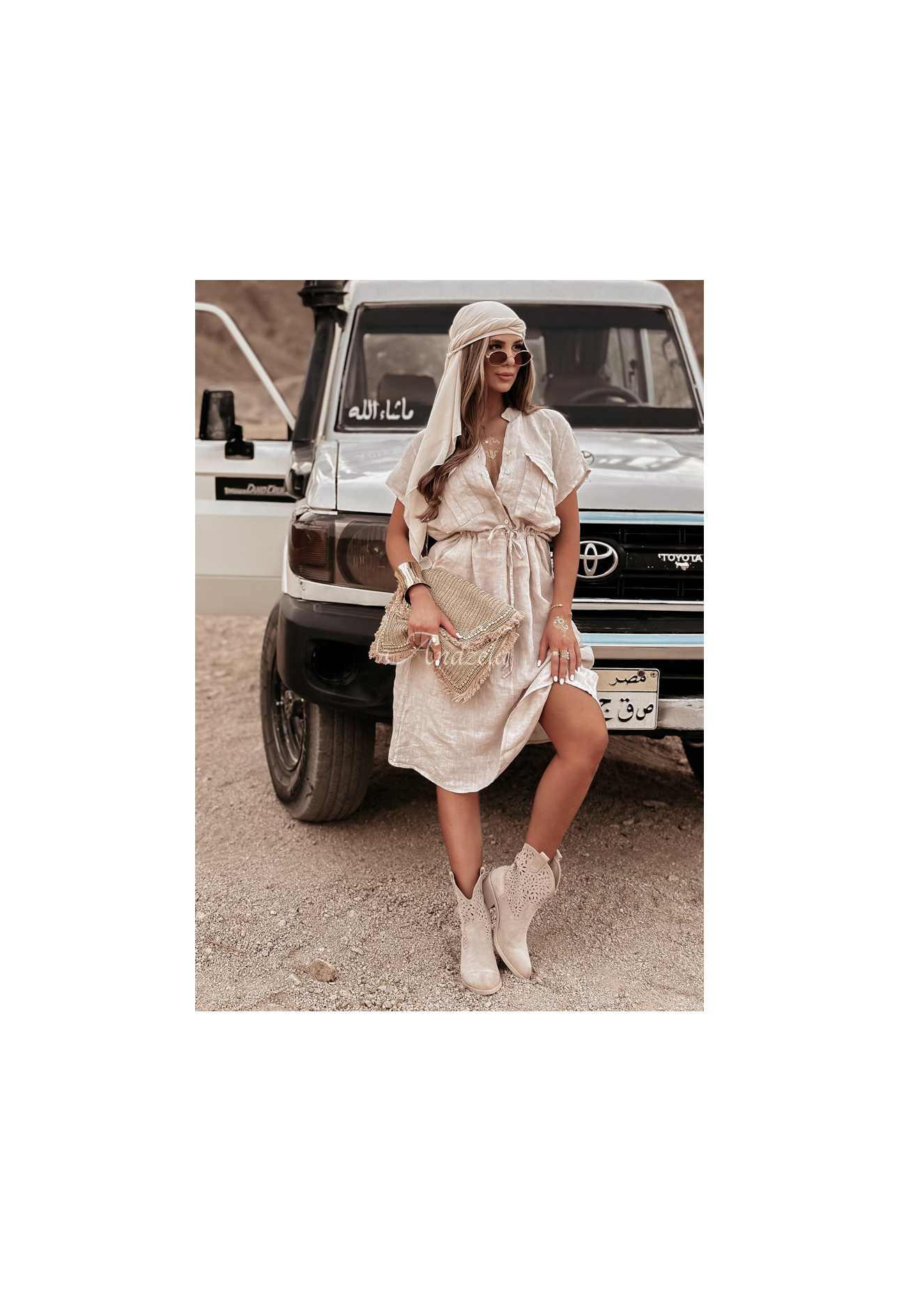 Ľanové šaty s vreckami Take A Trip béžová