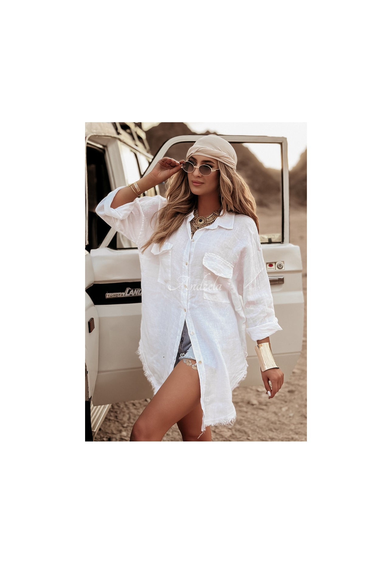 Dlhá ľanová košeľa s vreckami Take A Trip ecru