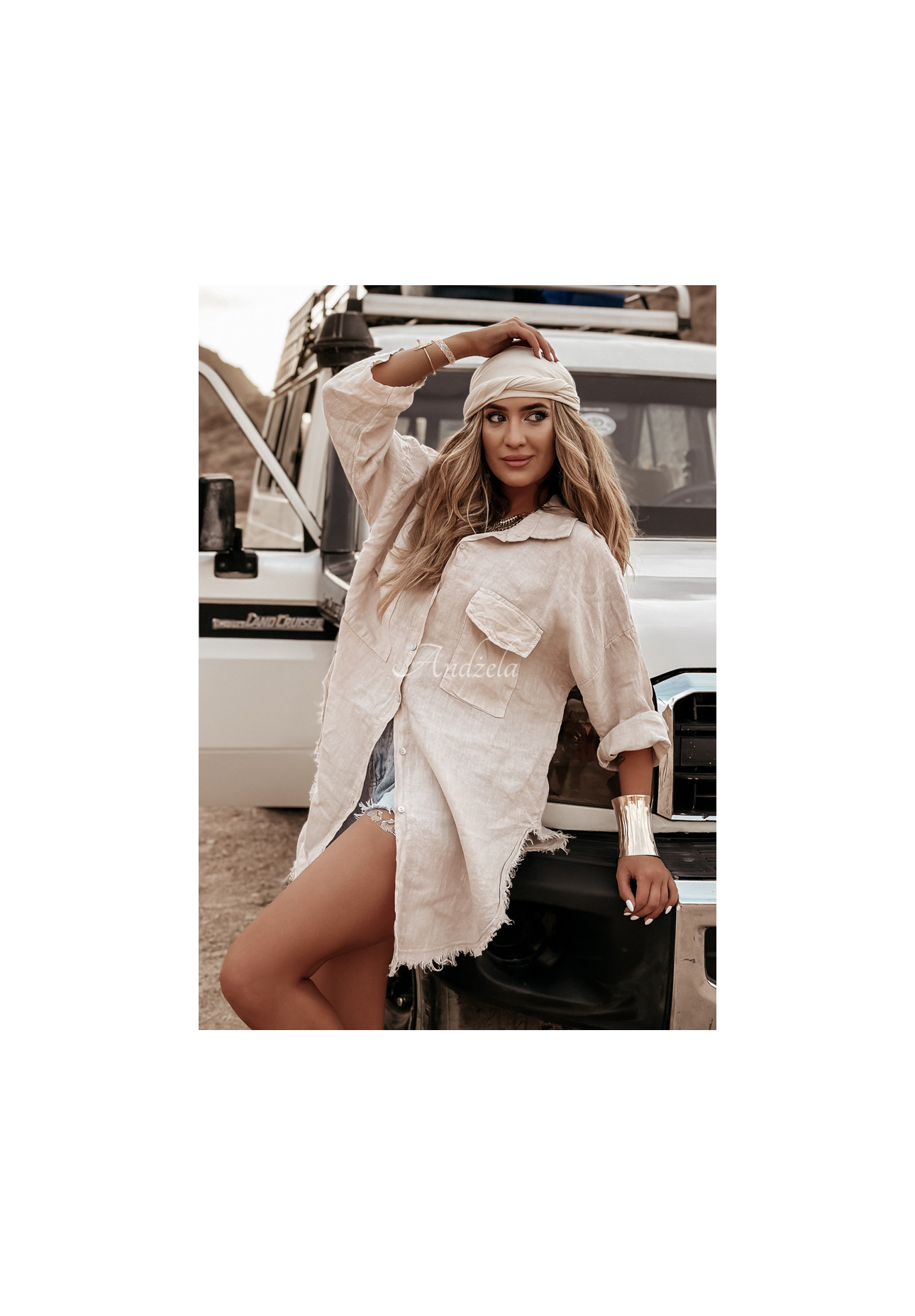 Dlhá ľanová košeľa s vreckami Take A Trip béžová