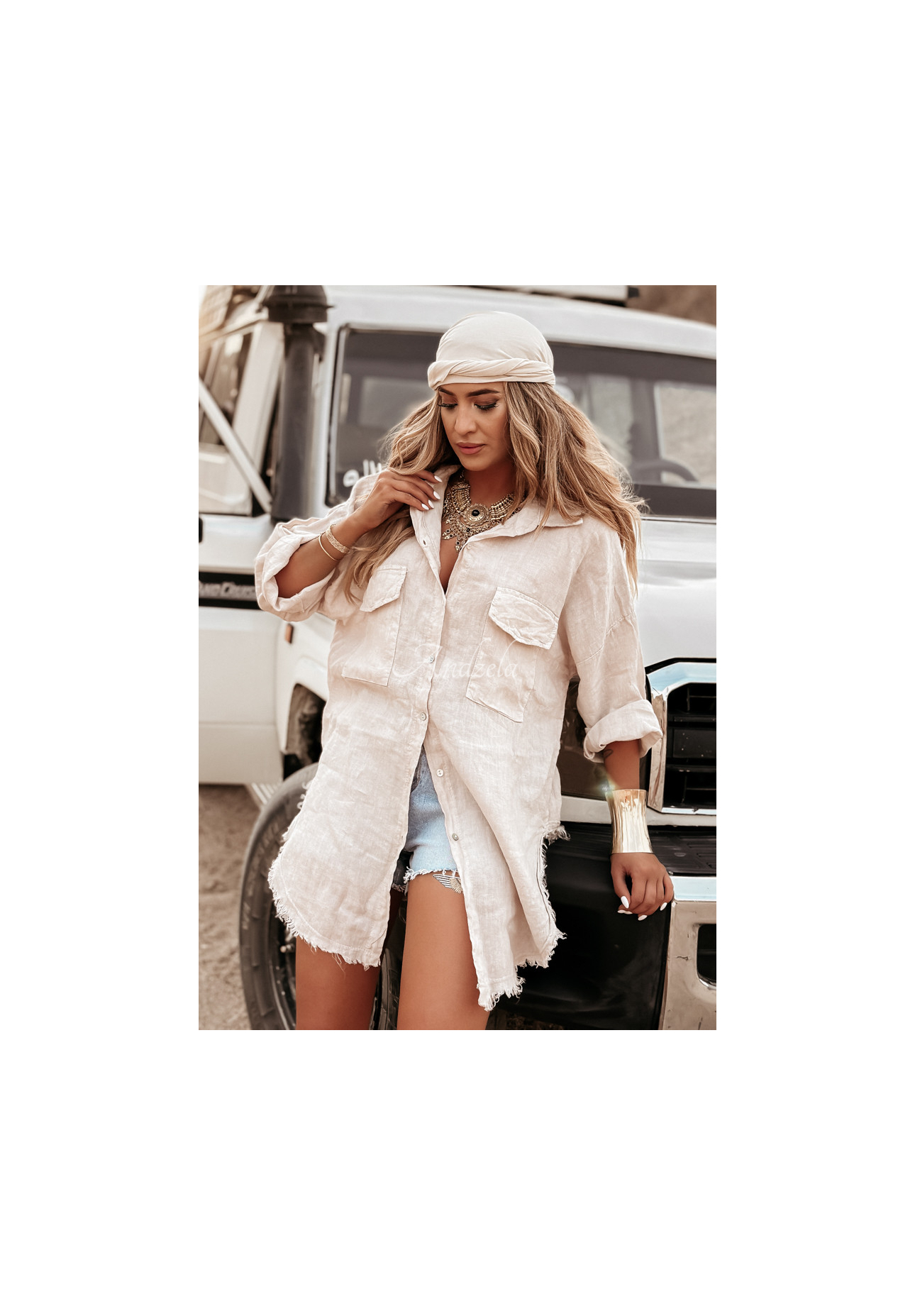 Dlhá ľanová košeľa s vreckami Take A Trip béžová