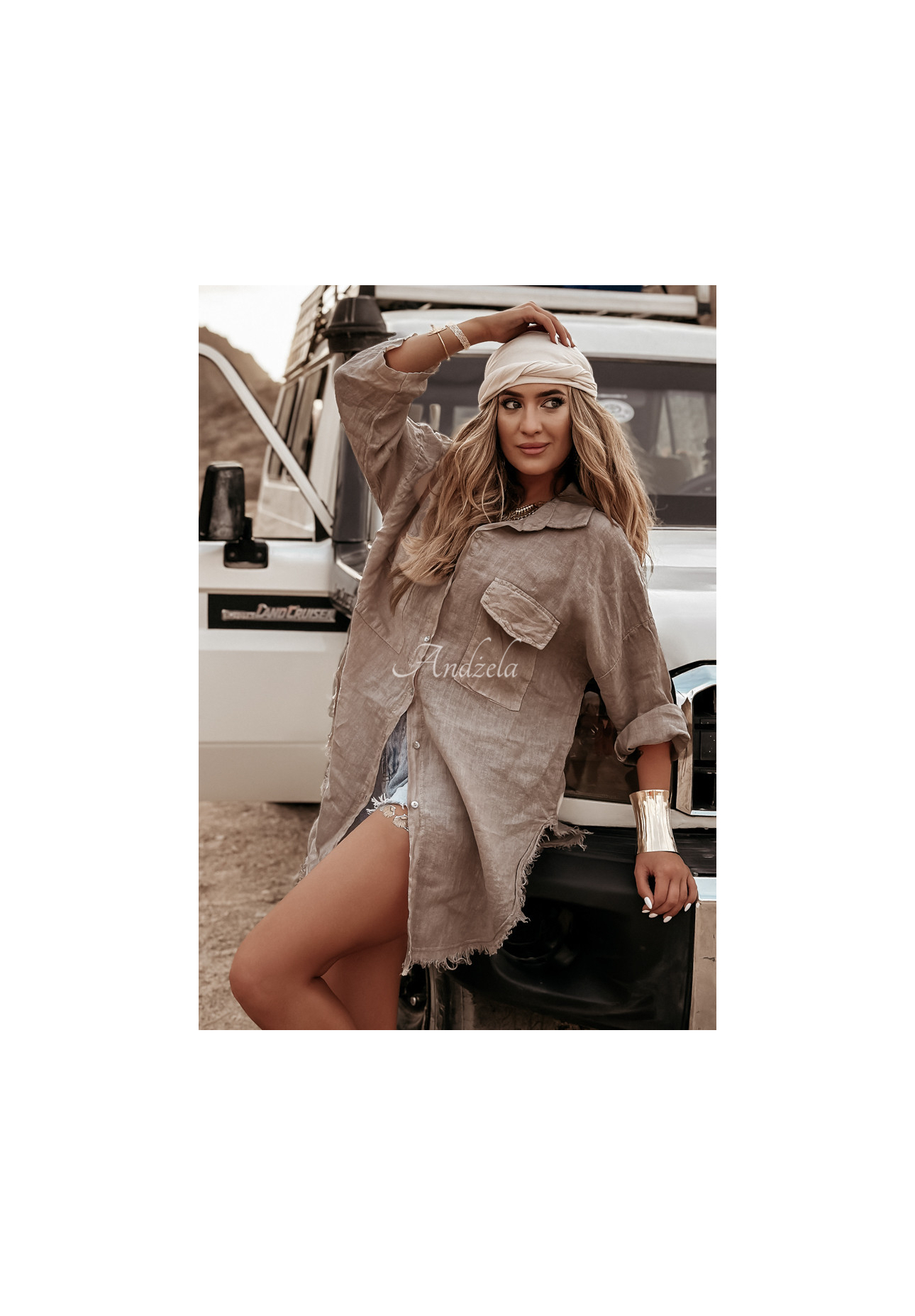 Dlhá ľanová košeľa s vreckami Take A Trip Mokka