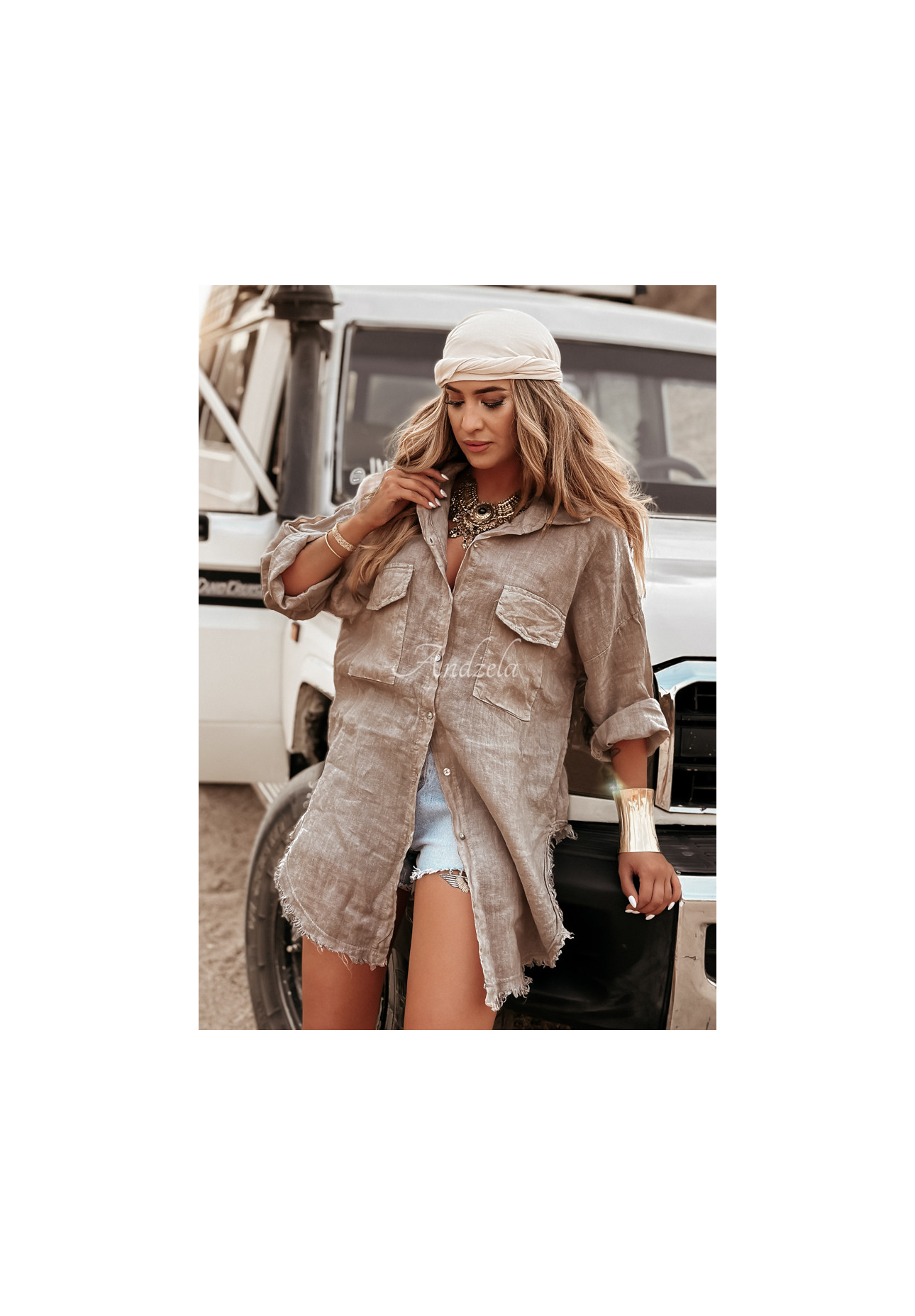 Dlhá ľanová košeľa s vreckami Take A Trip Mokka