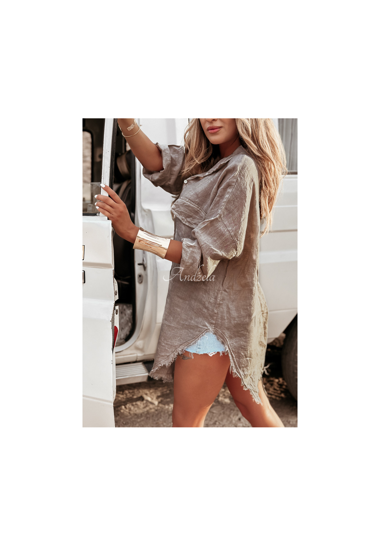 Dlhá ľanová košeľa s vreckami Take A Trip Mokka