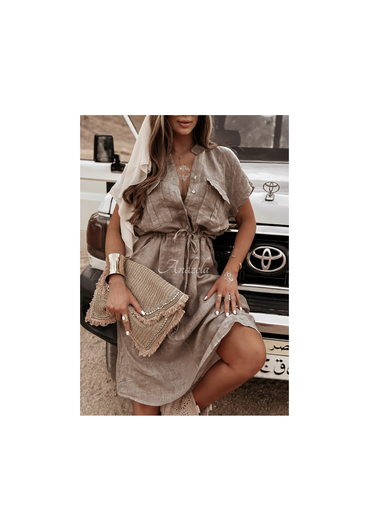 Ľanové šaty s vreckami Take A Trip Mokka