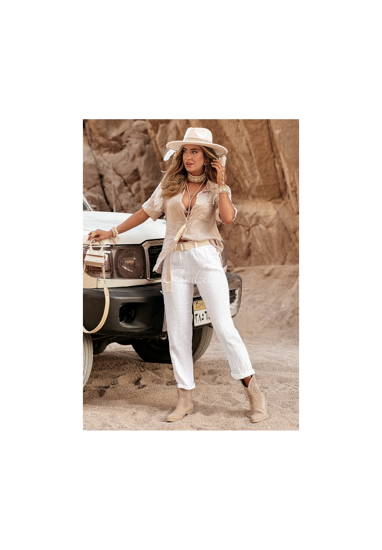 Ľanové nohavice Take A Trip ecru