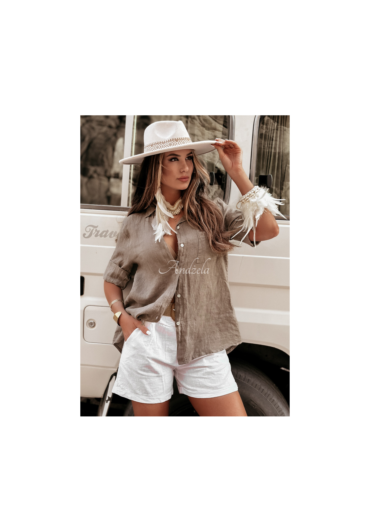 Ľanová košeľa s vreckom Take A Trip Mokka