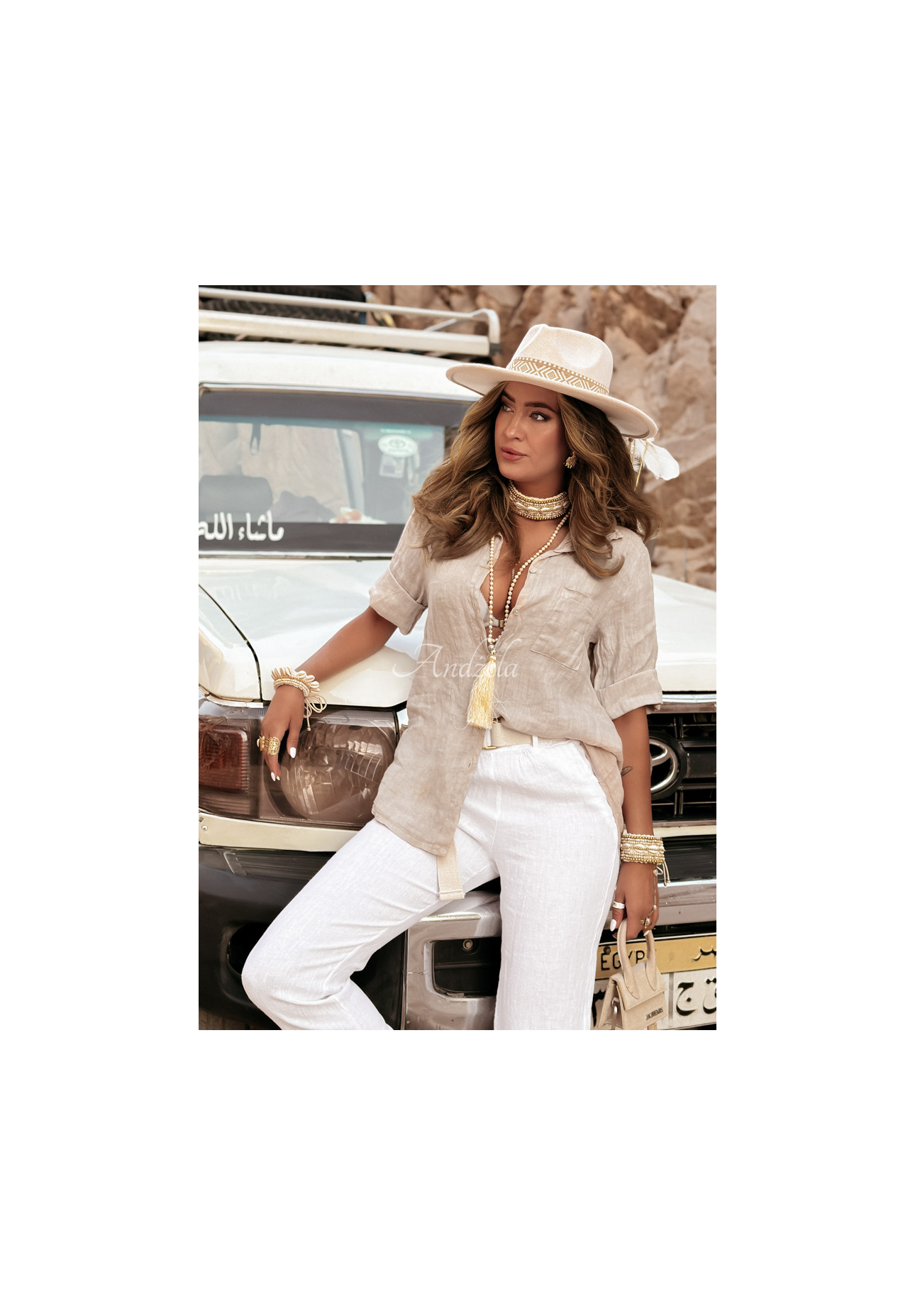 Ľanová košeľa s vreckom Take A Trip béžová