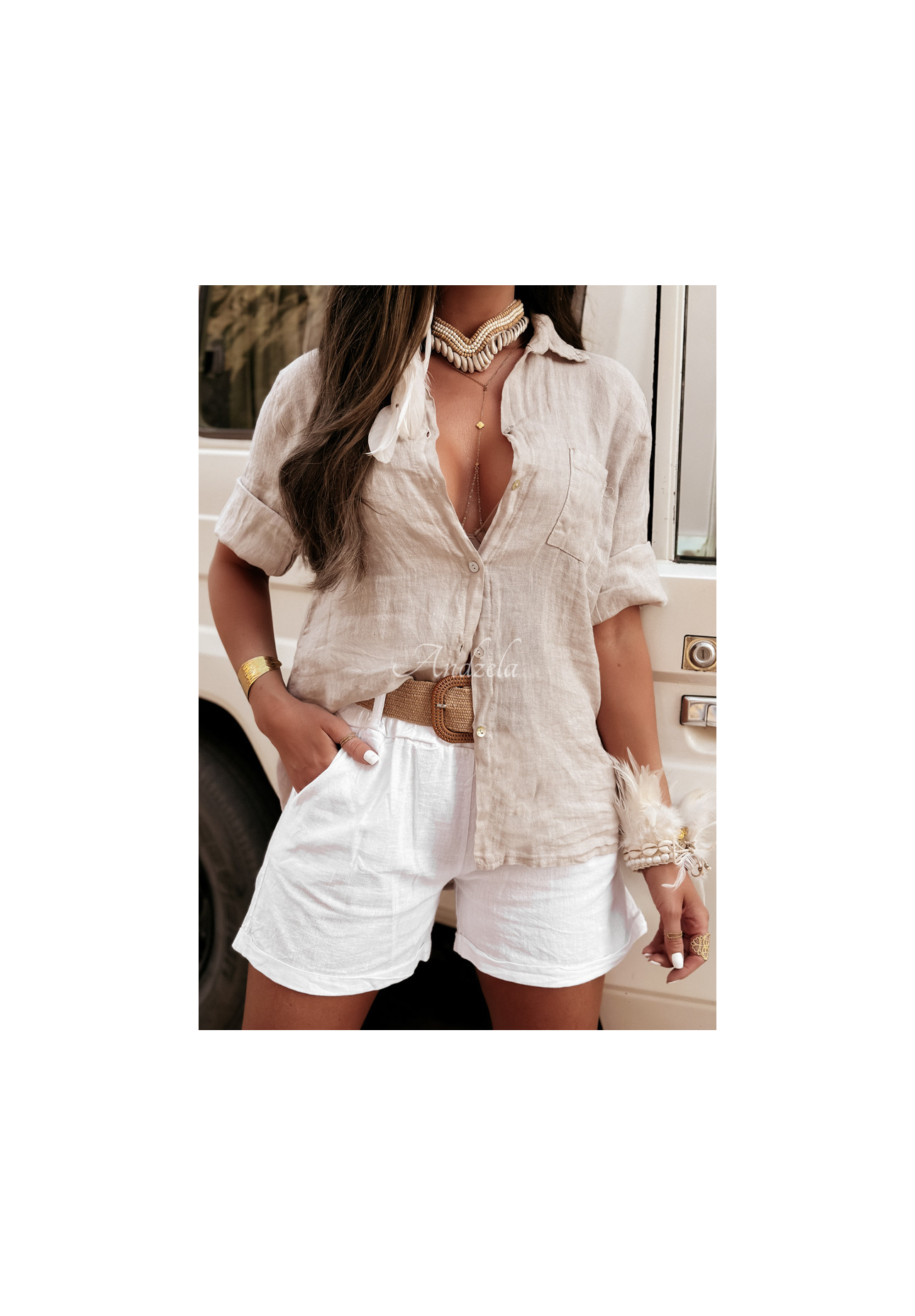 Ľanová košeľa s vreckom Take A Trip béžová