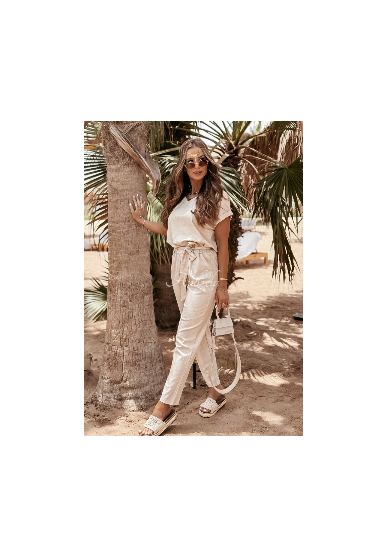 Ľanová súprava tričko a nohavice Summer In Us béžový