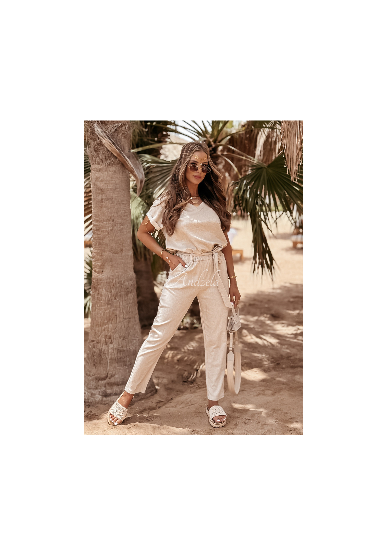 Ľanová súprava tričko a nohavice Summer In Us béžový