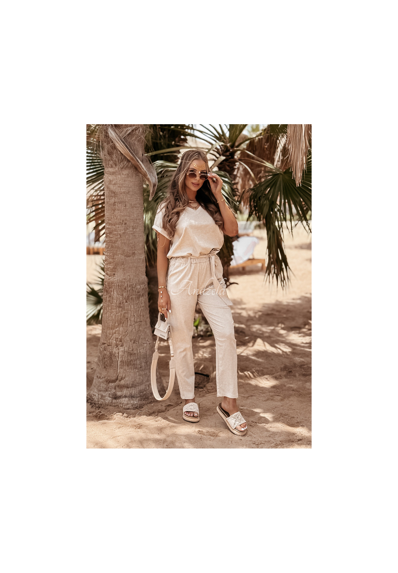 Ľanová súprava tričko a nohavice Summer In Us béžový