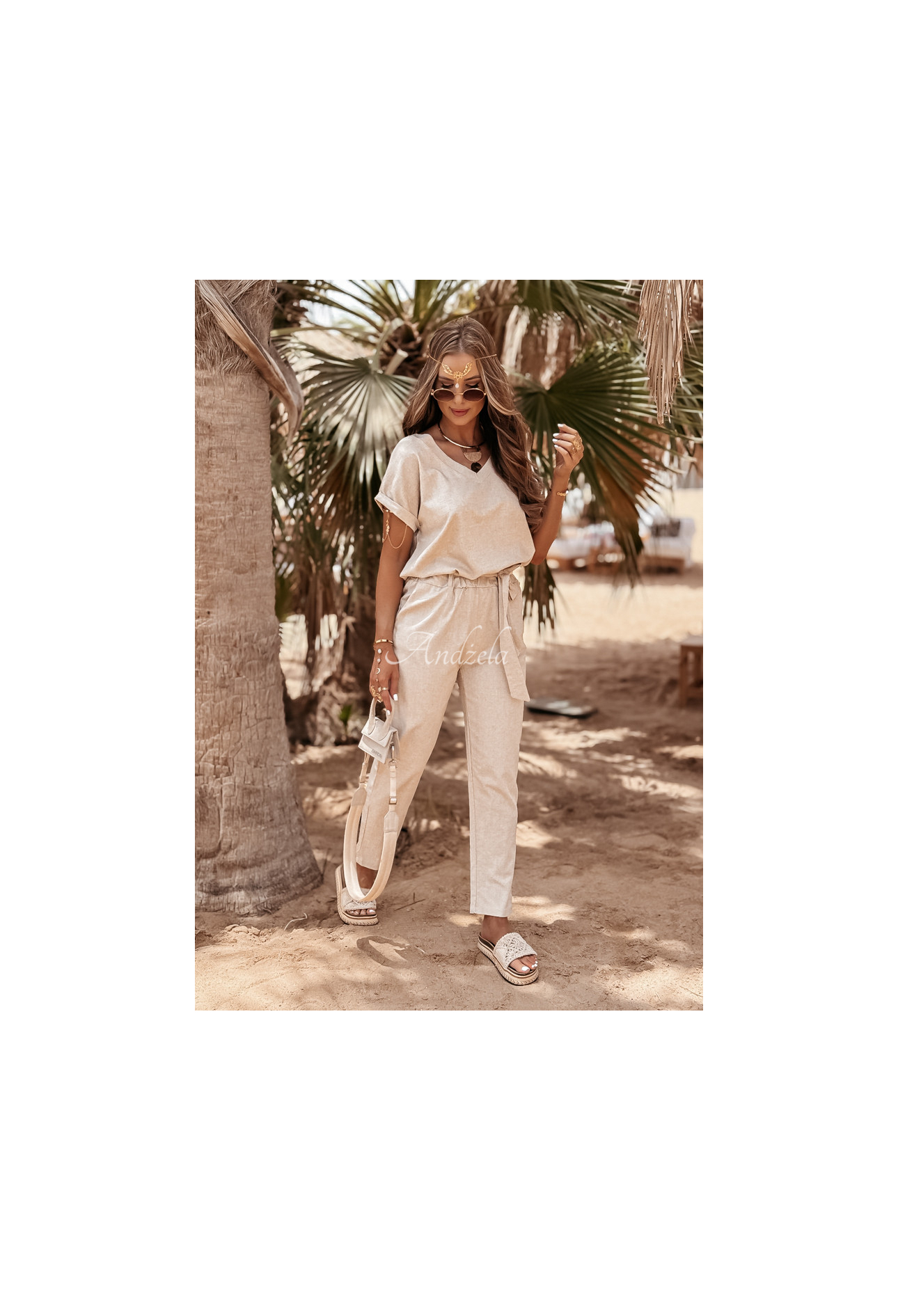 Ľanová súprava tričko a nohavice Summer In Us béžový