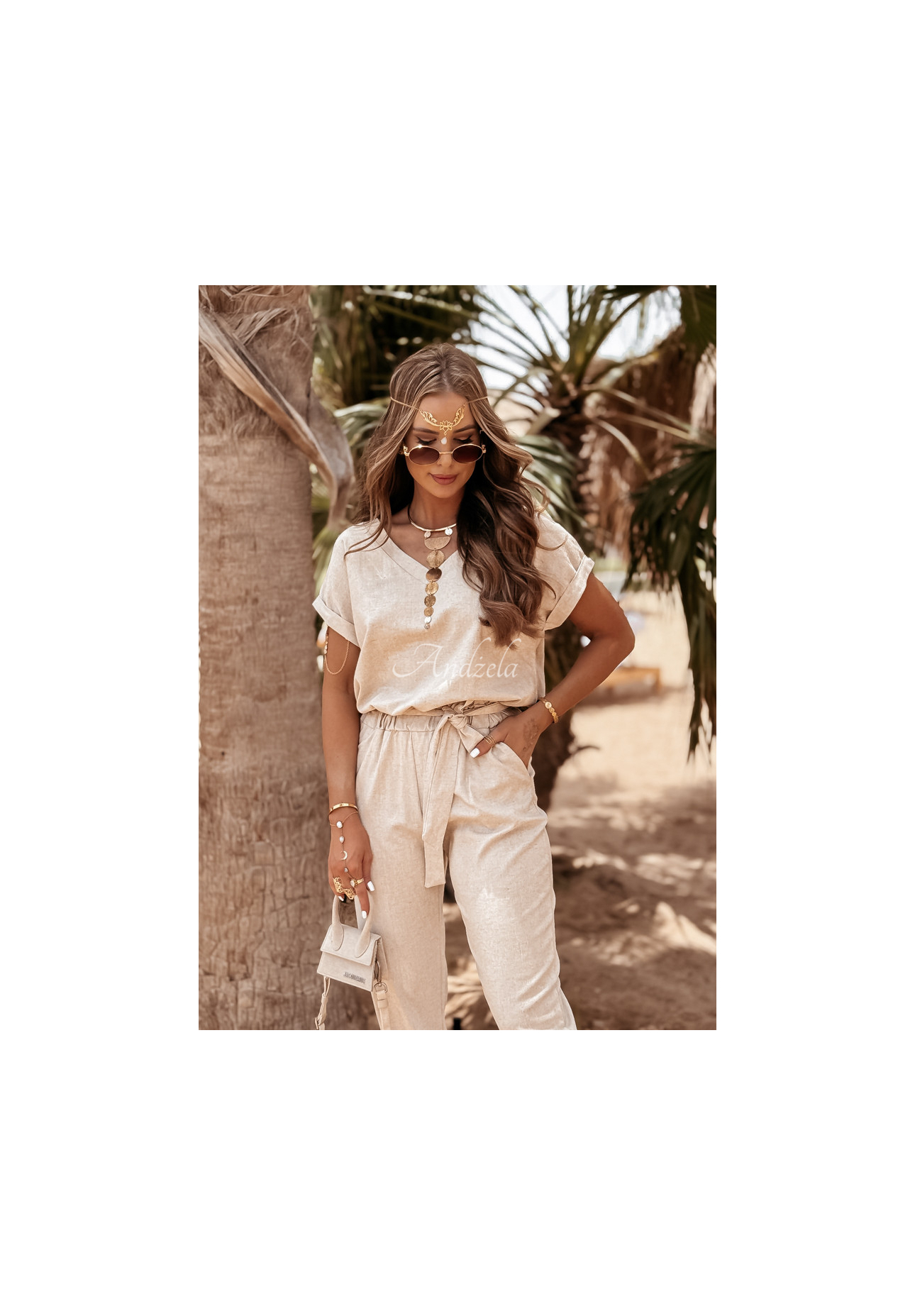 Ľanová súprava tričko a nohavice Summer In Us béžový