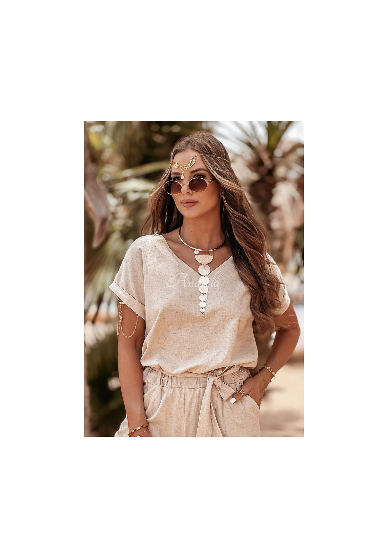 Ľanová súprava tričko a nohavice Summer In Us béžový