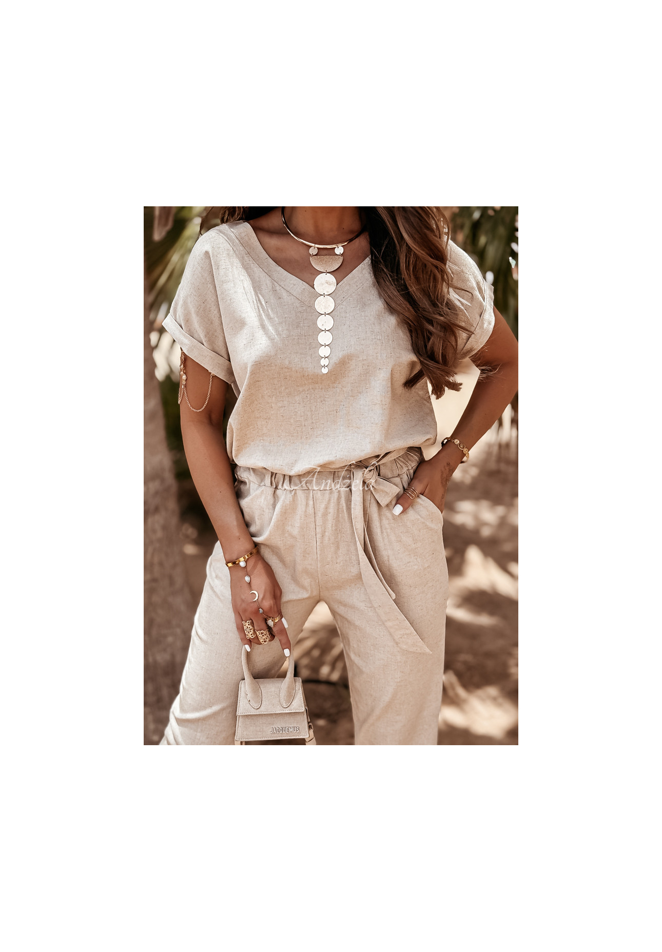 Ľanová súprava tričko a nohavice Summer In Us béžový