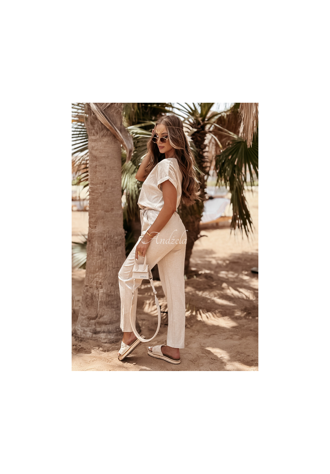 Ľanová súprava tričko a nohavice Summer In Us béžový