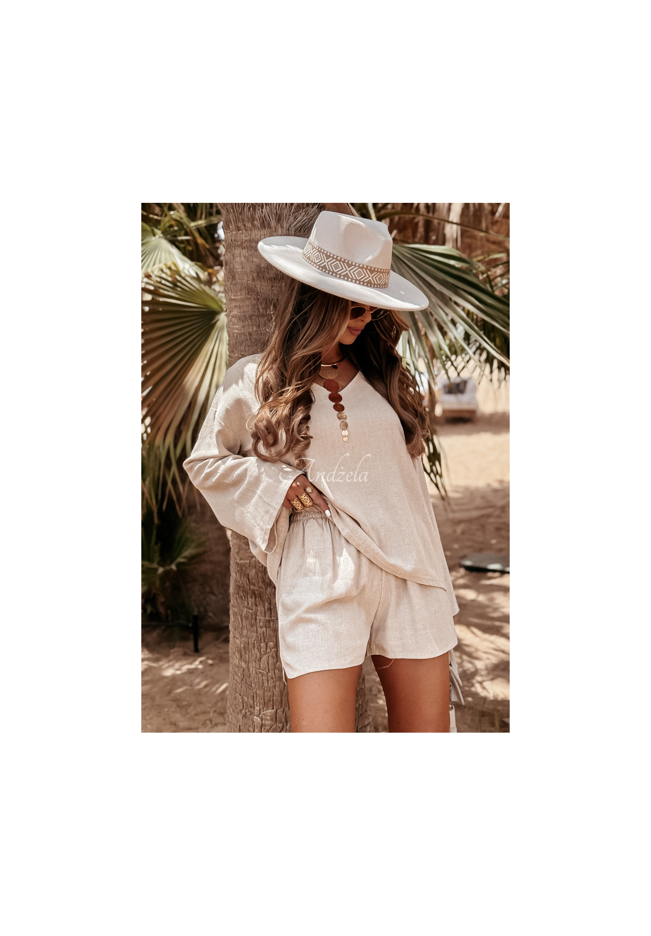 Ľanová súprava blúzka a šortky See My Seas béžový