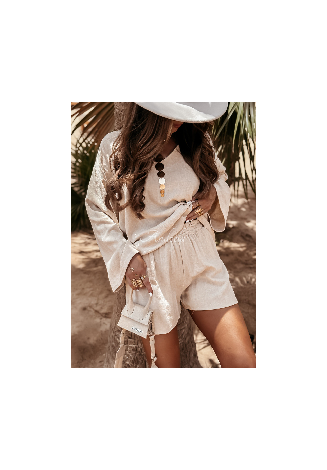 Ľanová súprava blúzka a šortky See My Seas béžový