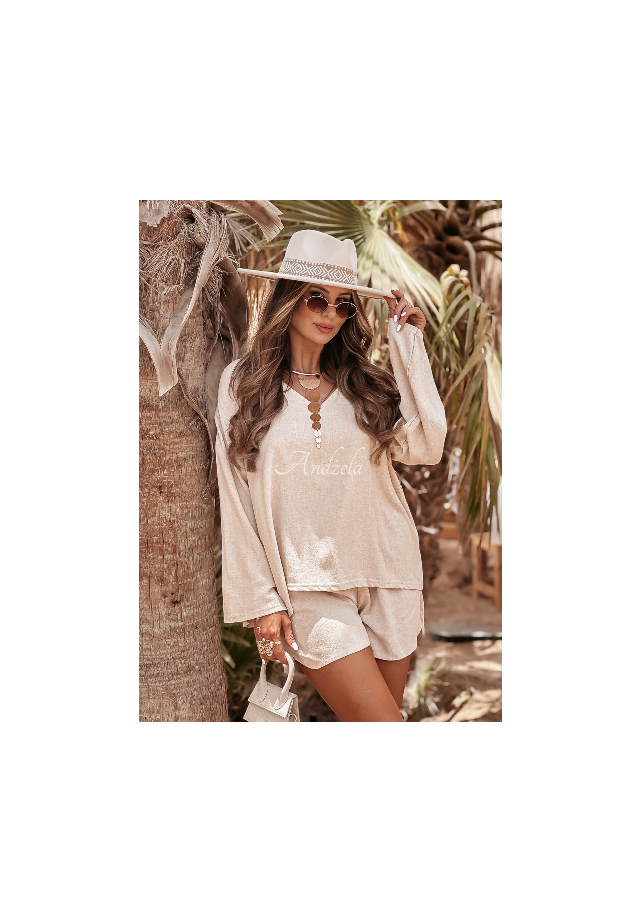 Ľanová súprava blúzka a šortky See My Seas béžový