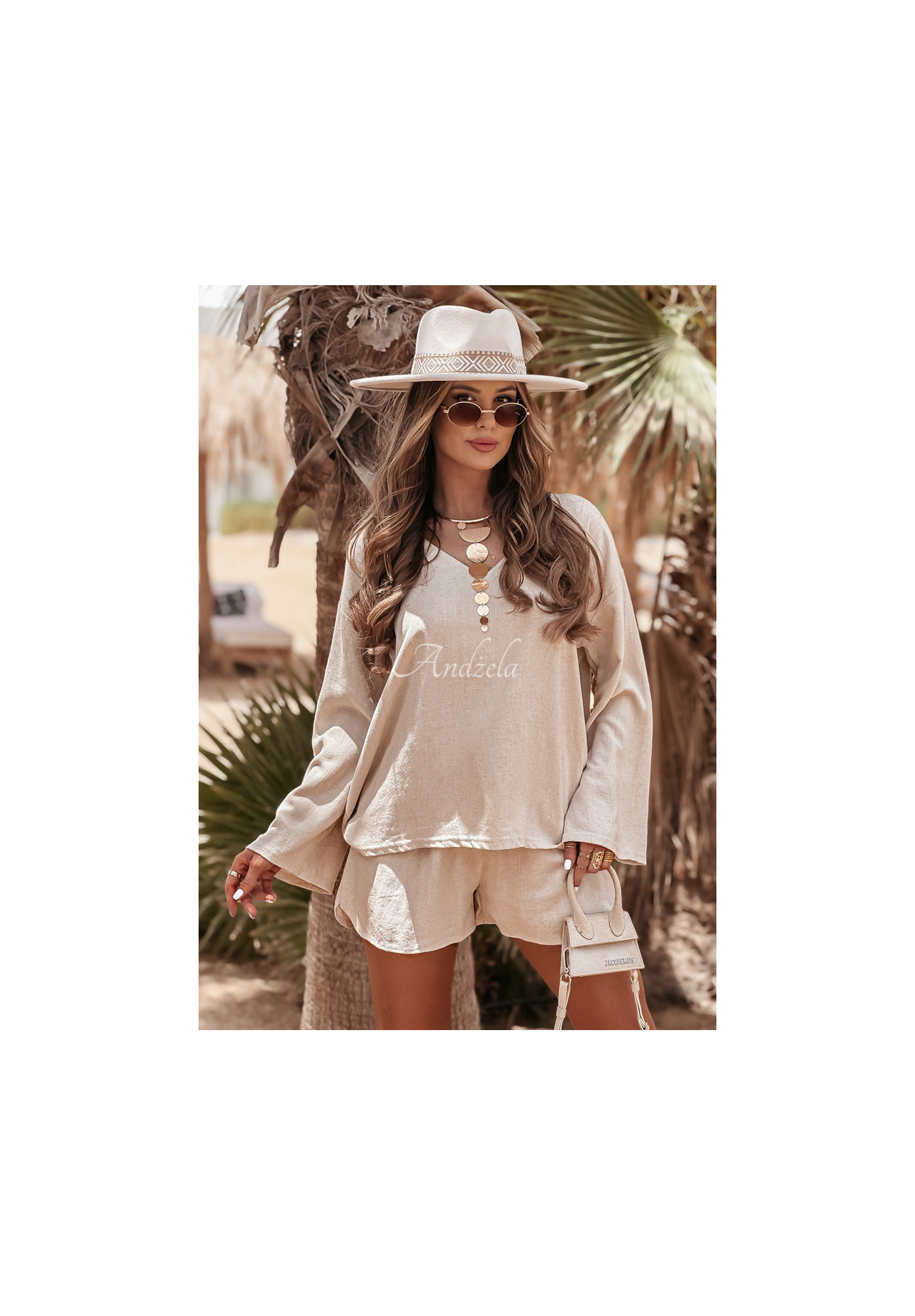 Ľanová súprava blúzka a šortky See My Seas béžový