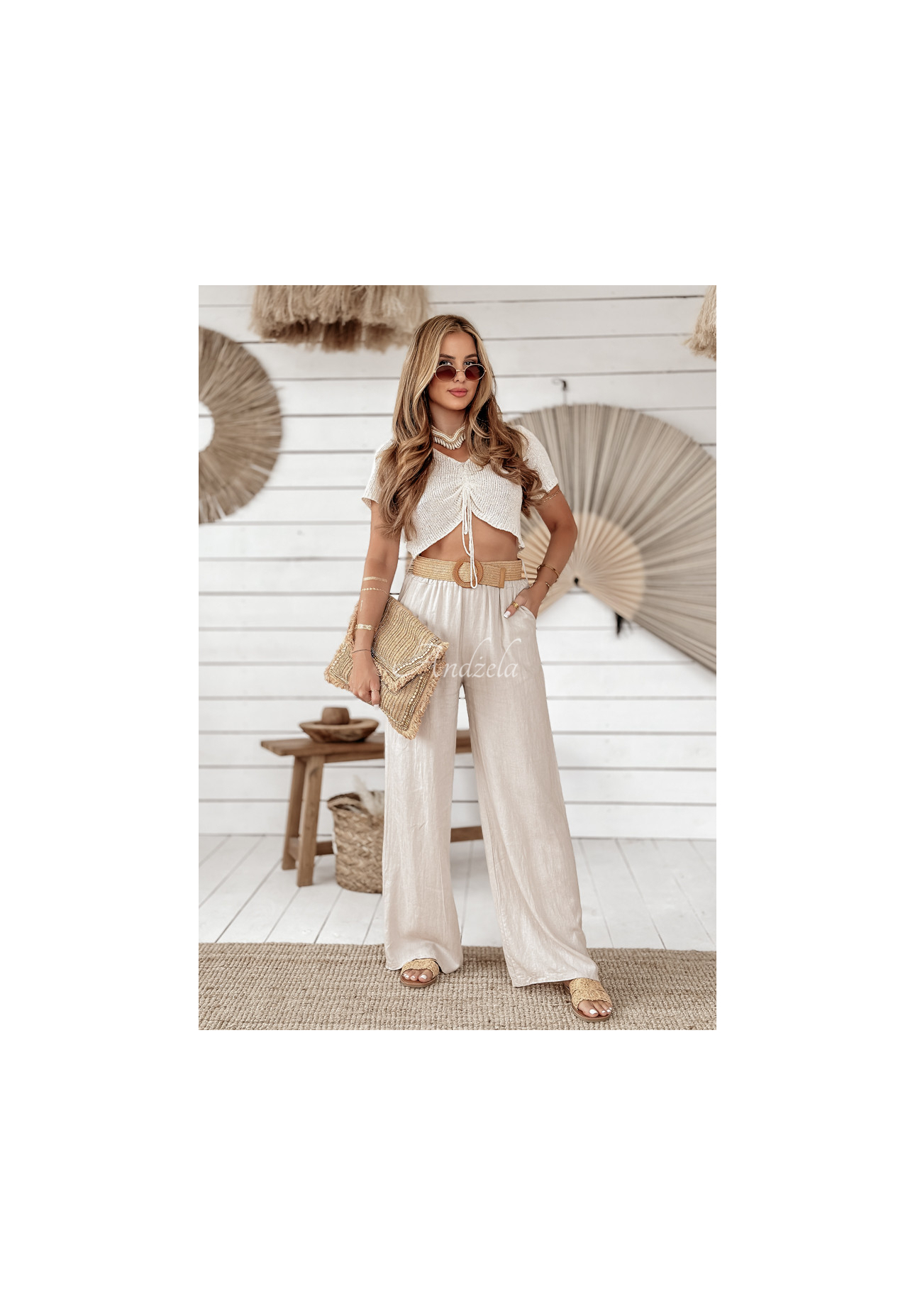 Ľanové nohavice wide leg s opaskom Total Trip béžové