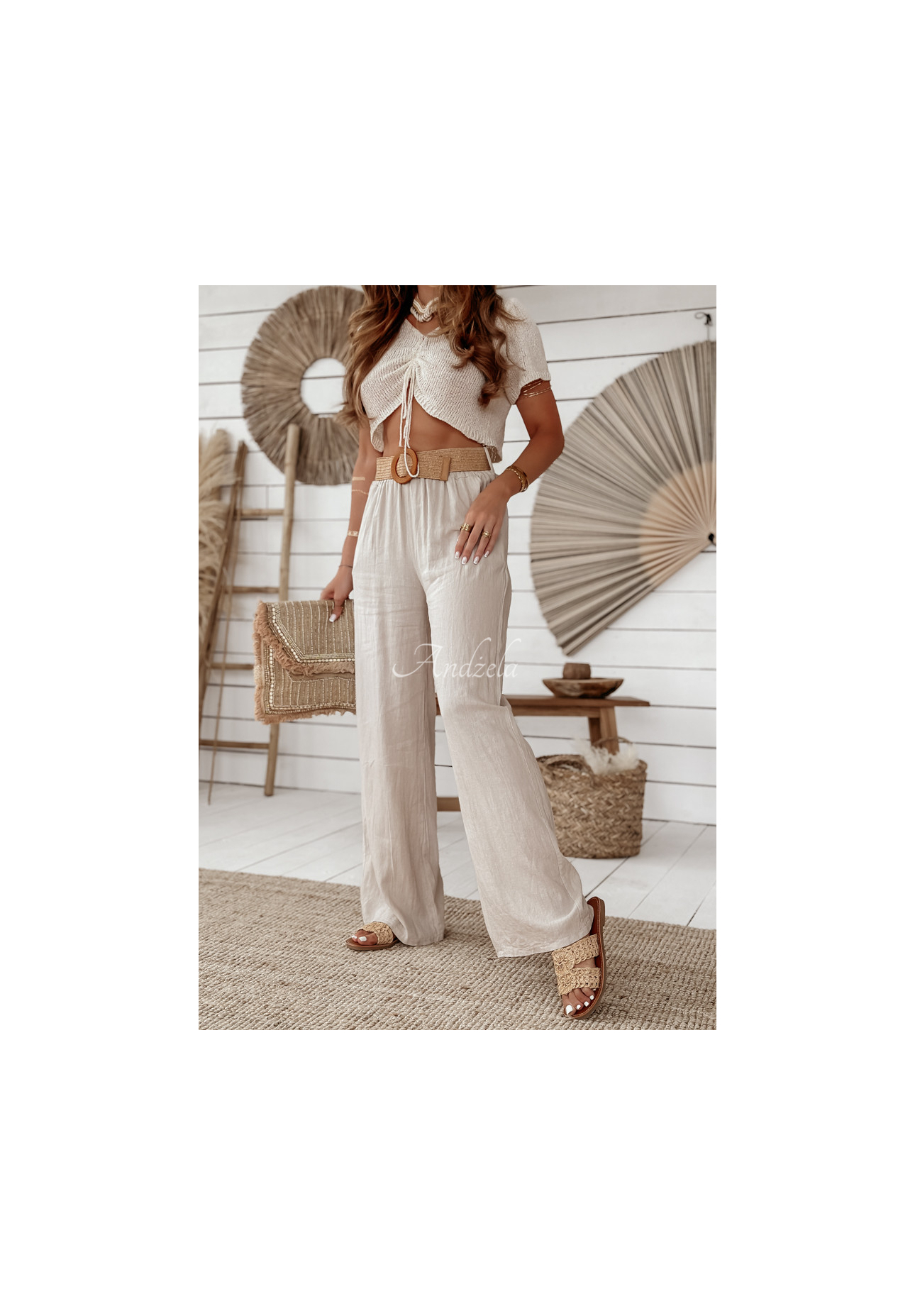 Ľanové nohavice wide leg s opaskom Total Trip béžové