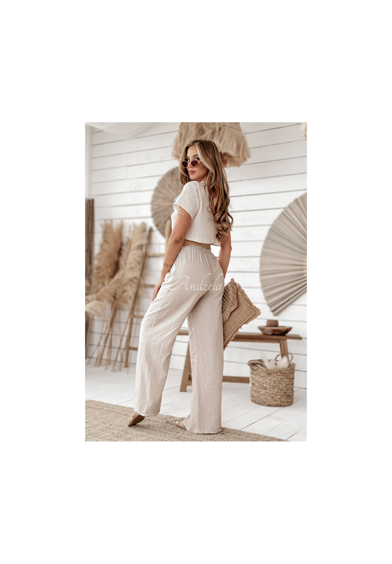 Ľanové nohavice wide leg s opaskom Total Trip béžové