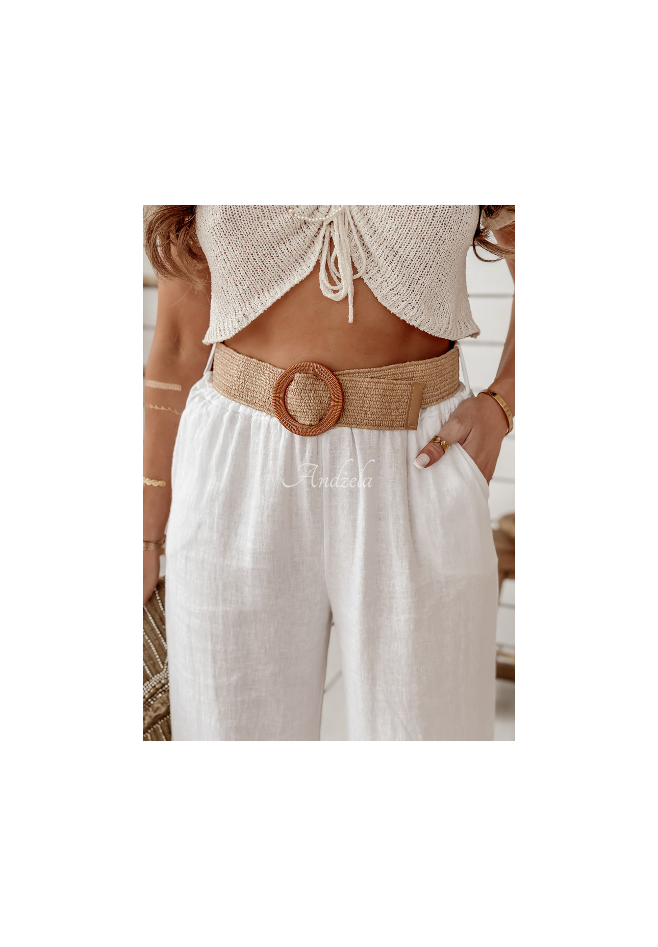 Ľanové nohavice wide leg s opaskom Total Trip biele