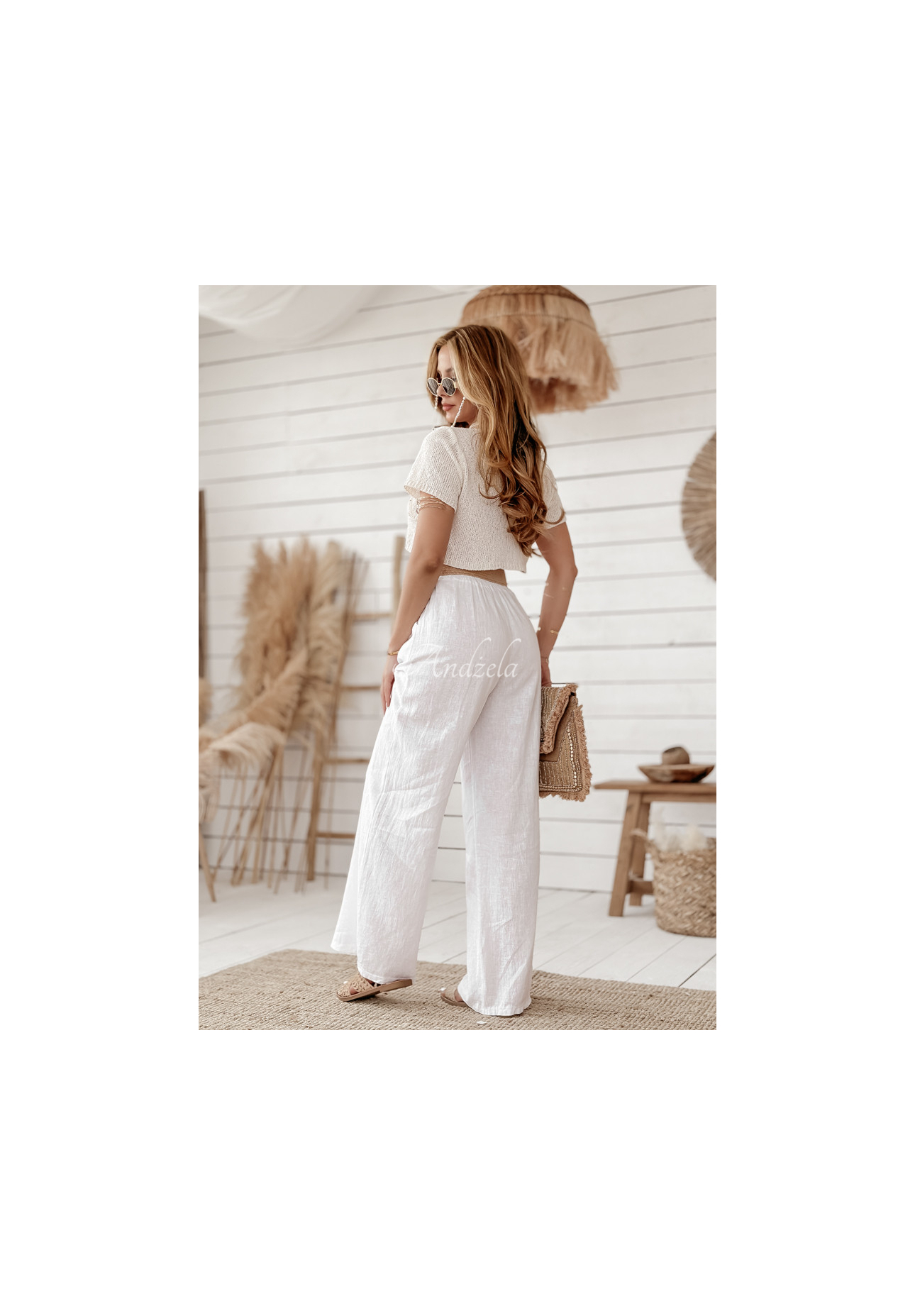 Ľanové nohavice wide leg s opaskom Total Trip biele