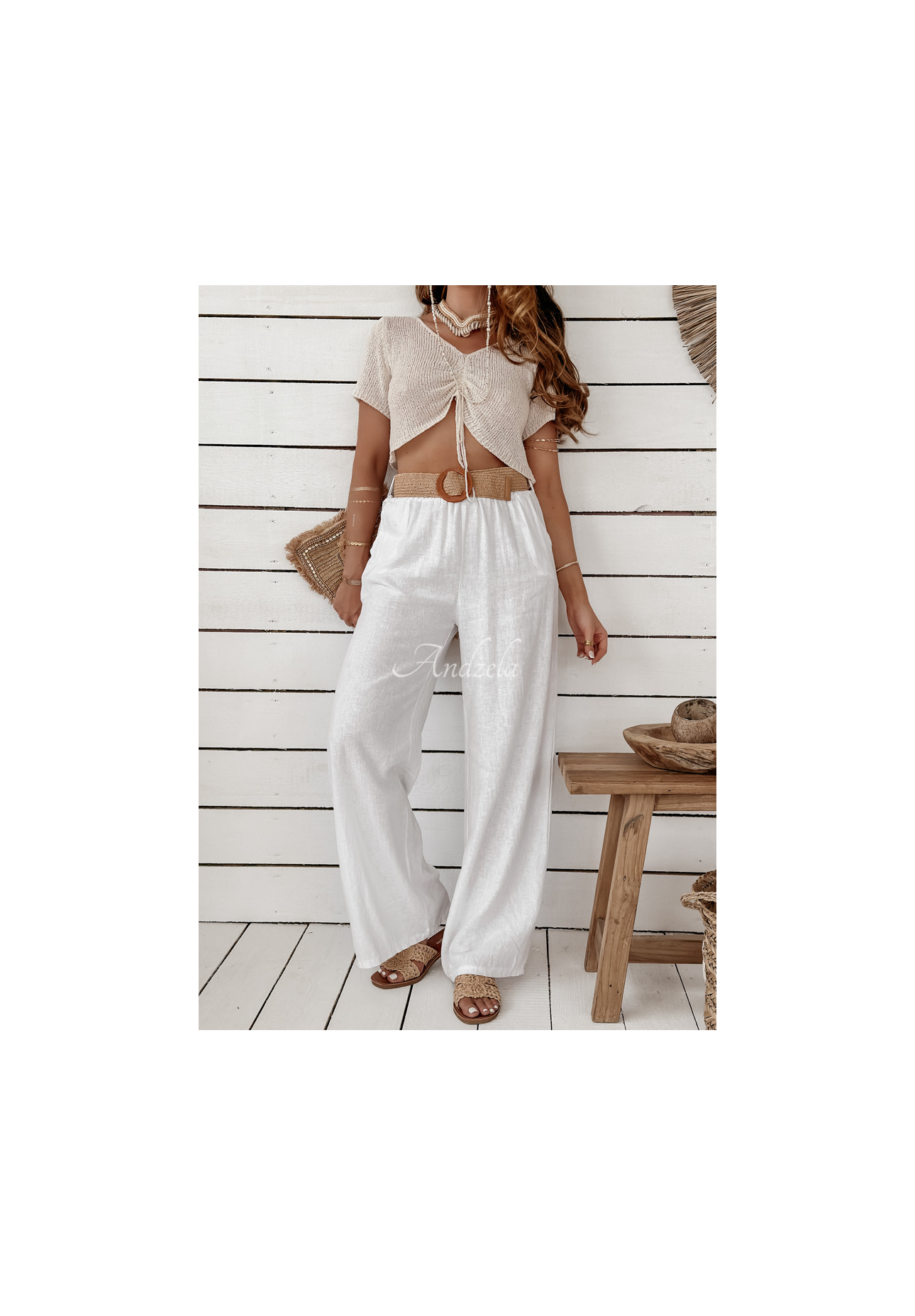 Ľanové nohavice wide leg s opaskom Total Trip biele