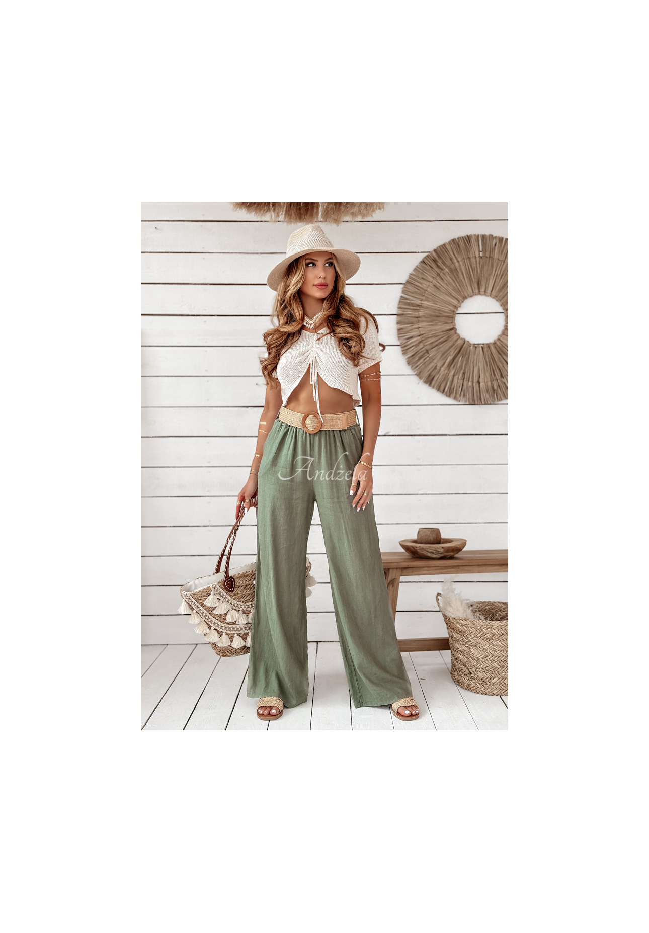 Ľanové nohavice wide leg s opaskom Total Trip khaki
