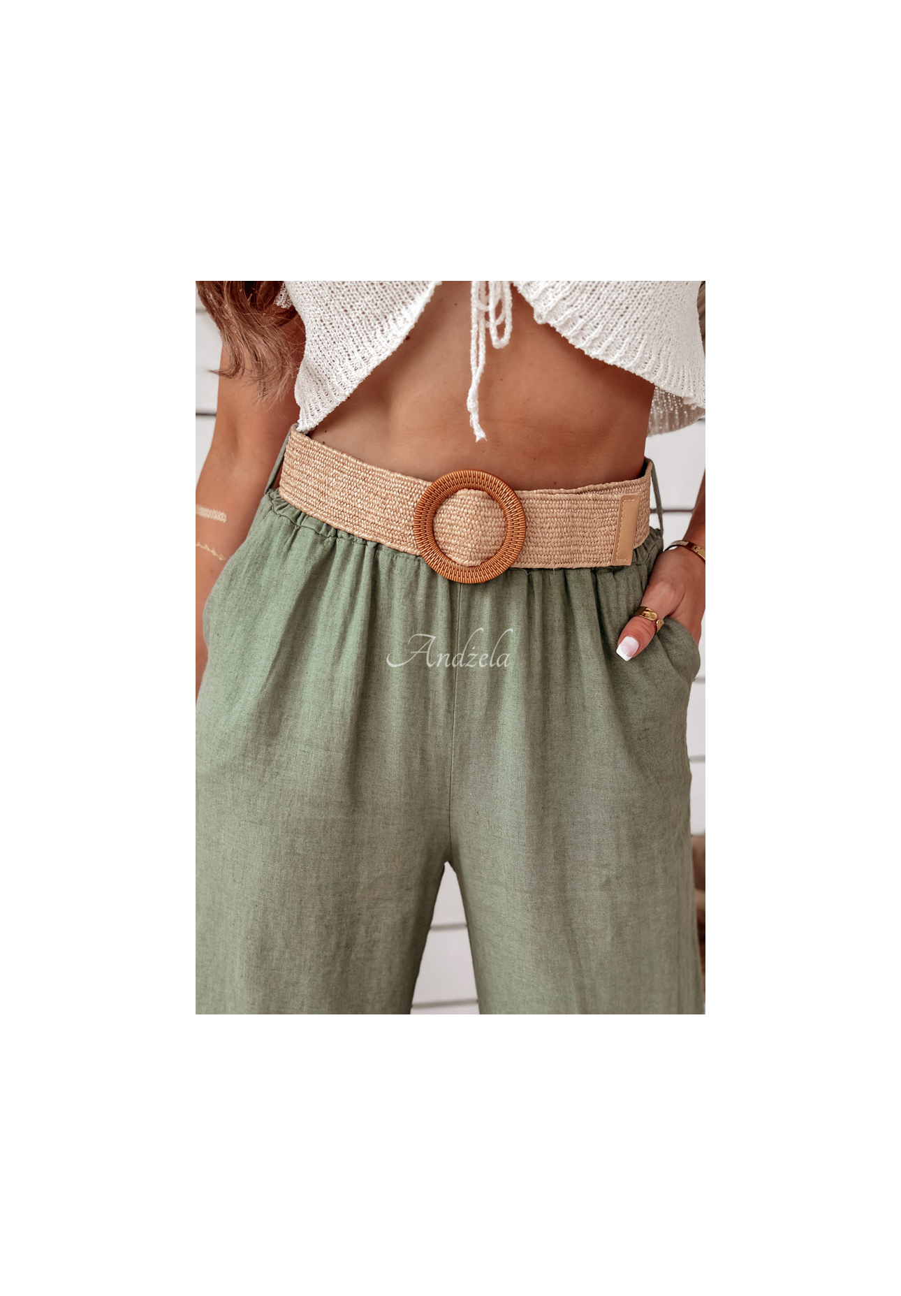 Ľanové nohavice wide leg s opaskom Total Trip khaki