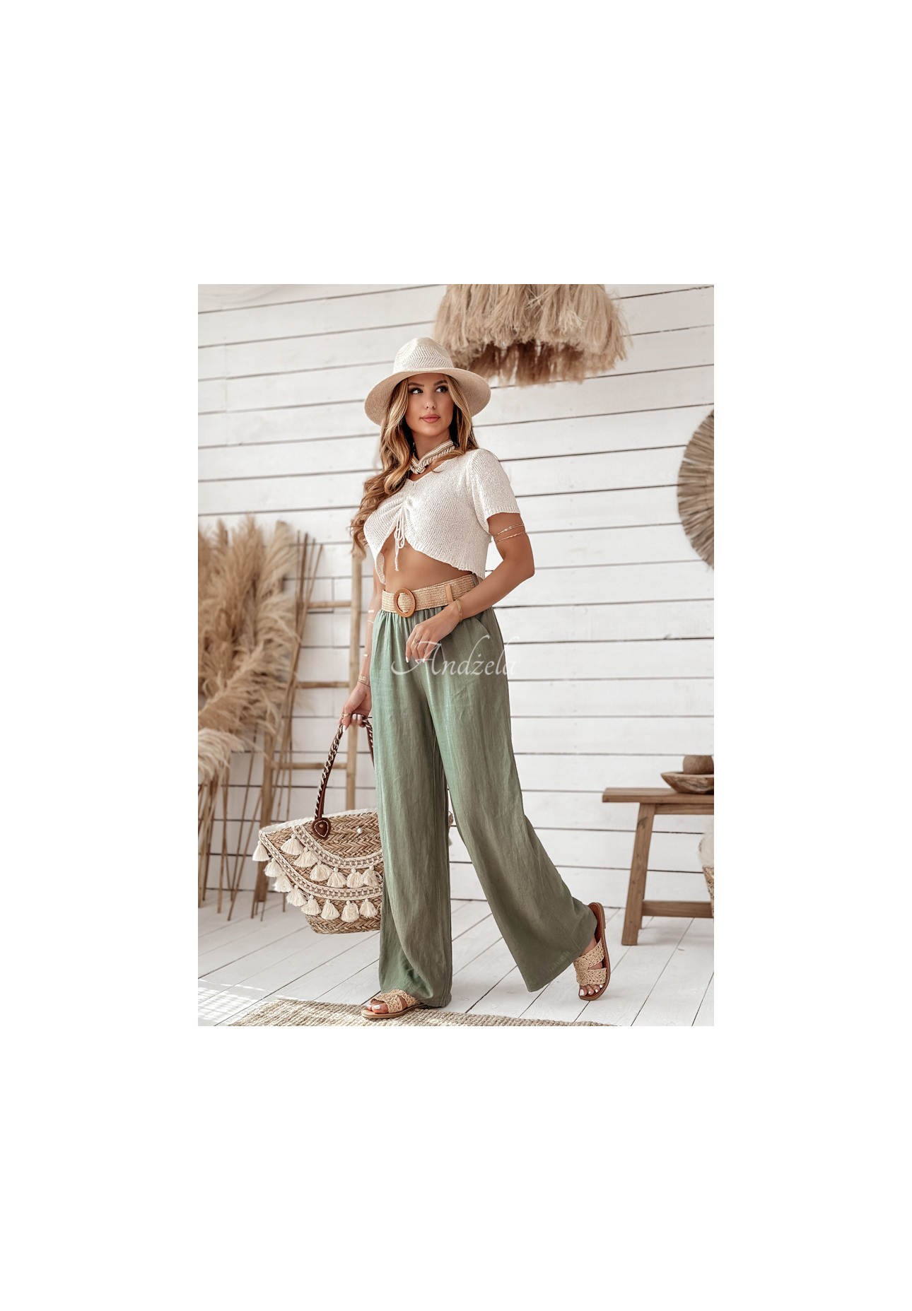 Ľanové nohavice wide leg s opaskom Total Trip khaki