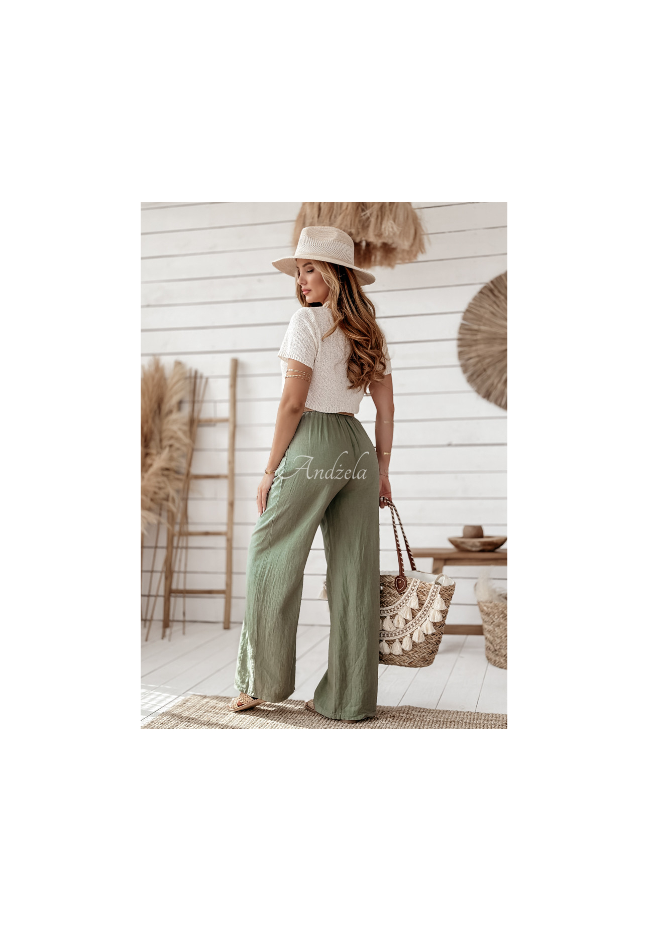 Ľanové nohavice wide leg s opaskom Total Trip khaki