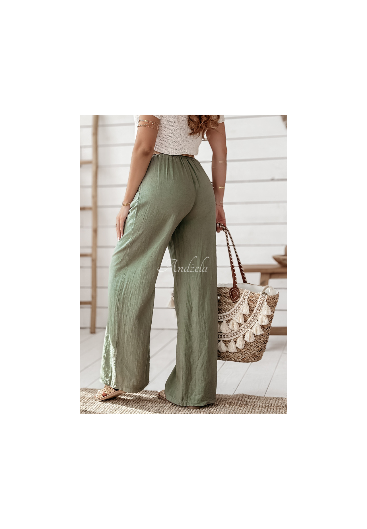 Ľanové nohavice wide leg s opaskom Total Trip khaki
