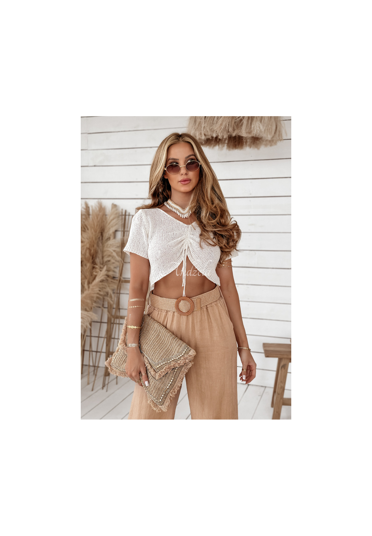 Ľanové nohavice wide leg s opaskom Total Trip ťavie