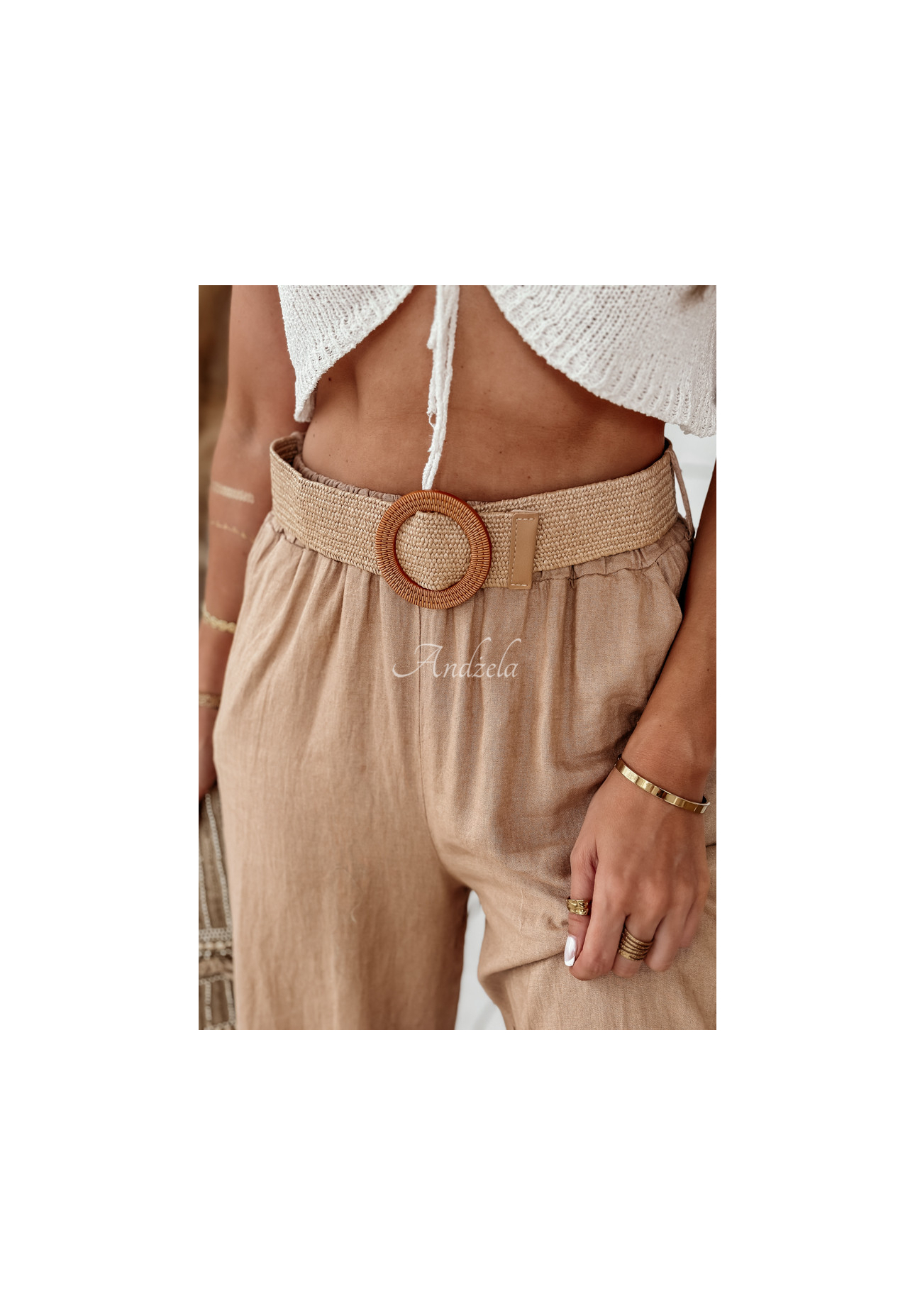 Ľanové nohavice wide leg s opaskom Total Trip ťavie