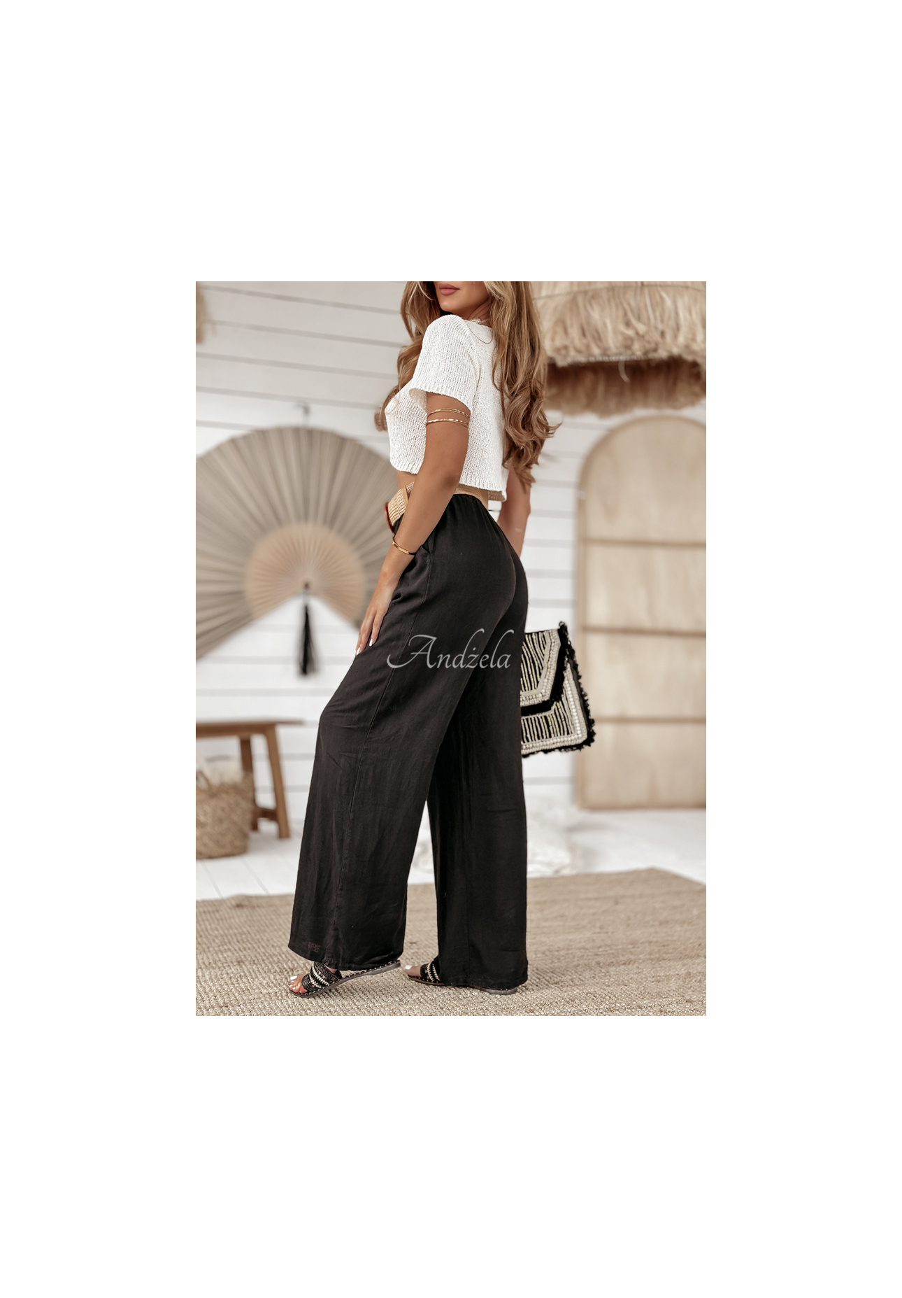 Ľanové nohavice wide leg s opaskom Total Trip čierne