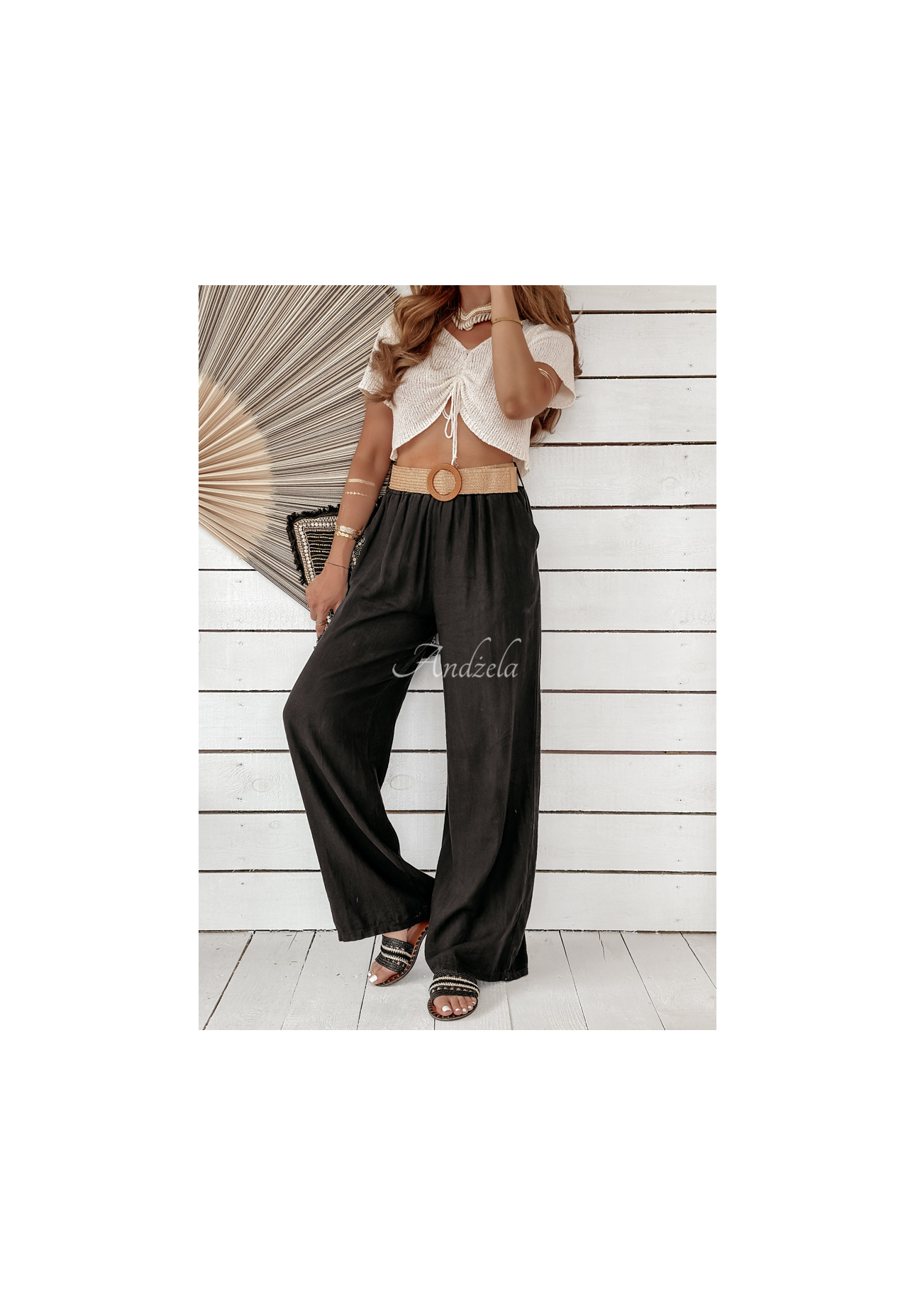 Ľanové nohavice wide leg s opaskom Total Trip čierne