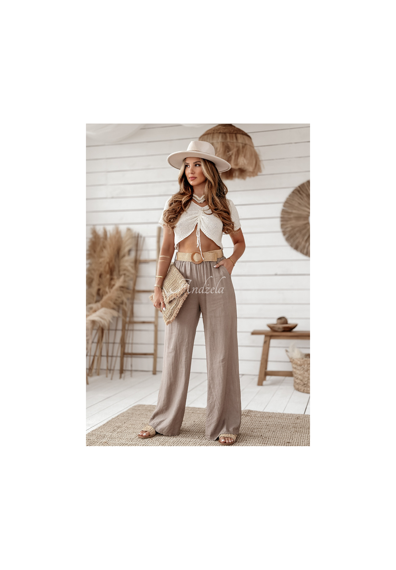 Ľanové nohavice wide leg s opaskom Total Trip Mokka