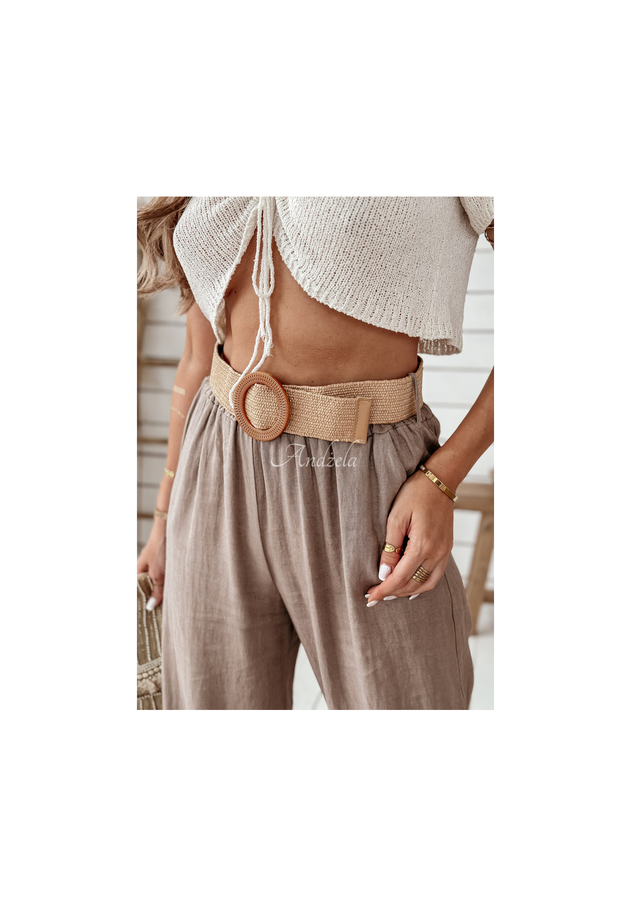 Ľanové nohavice wide leg s opaskom Total Trip Mokka