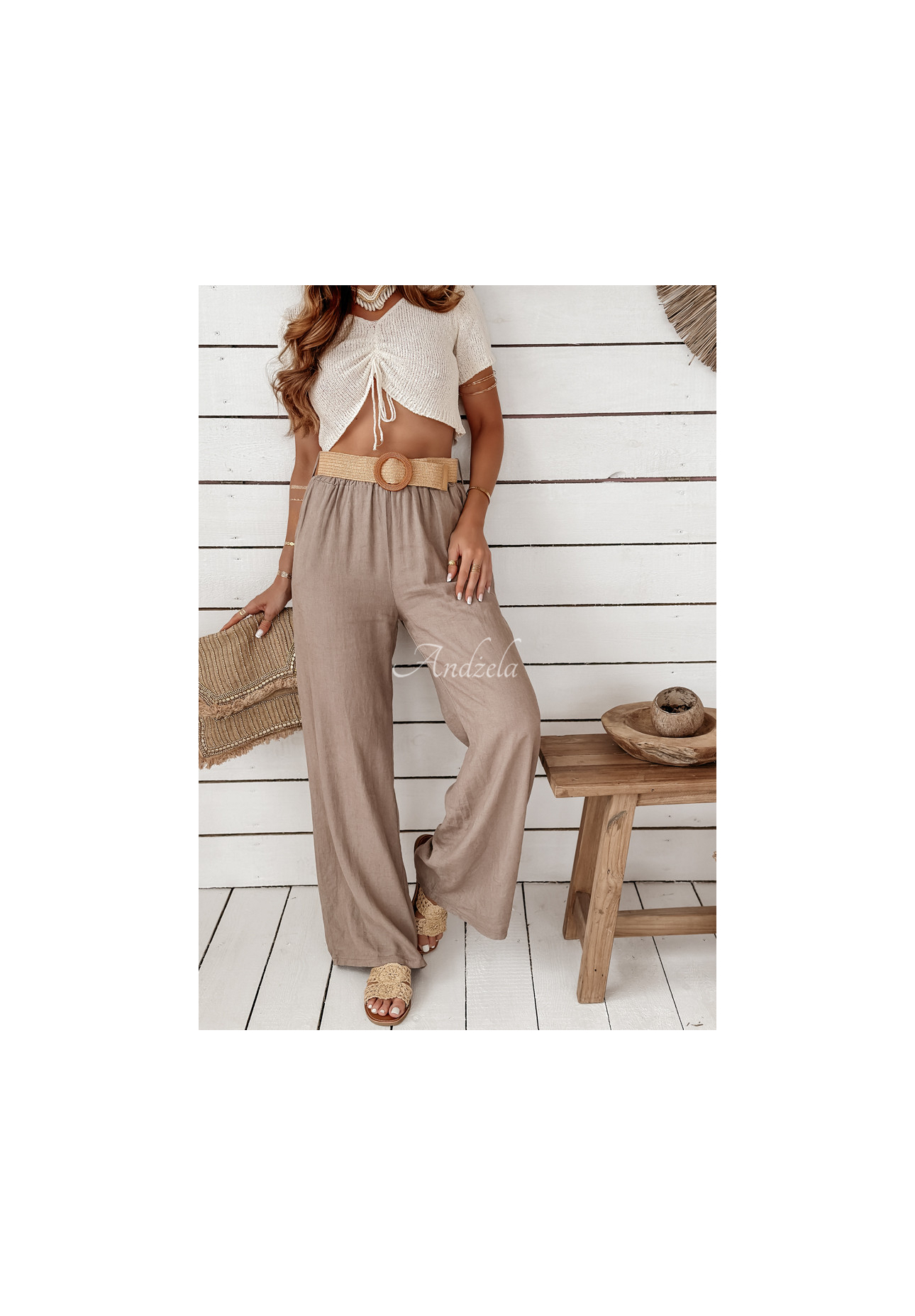 Ľanové nohavice wide leg s opaskom Total Trip Mokka