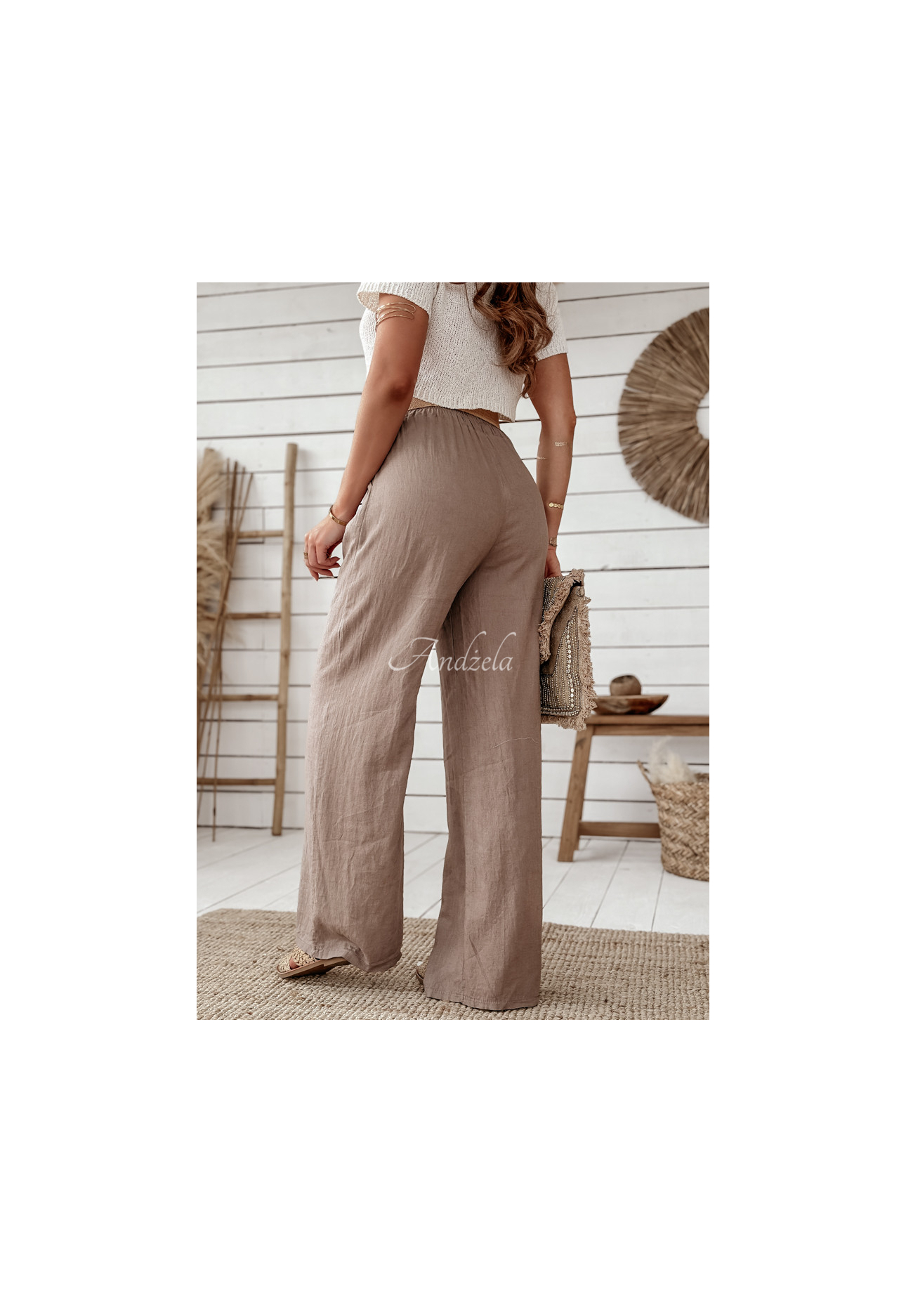 Ľanové nohavice wide leg s opaskom Total Trip Mokka