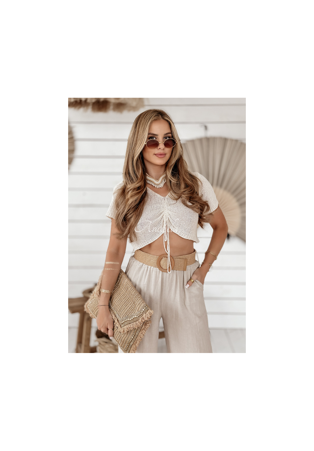 Ľanové nohavice wide leg s opaskom Total Trip béžové