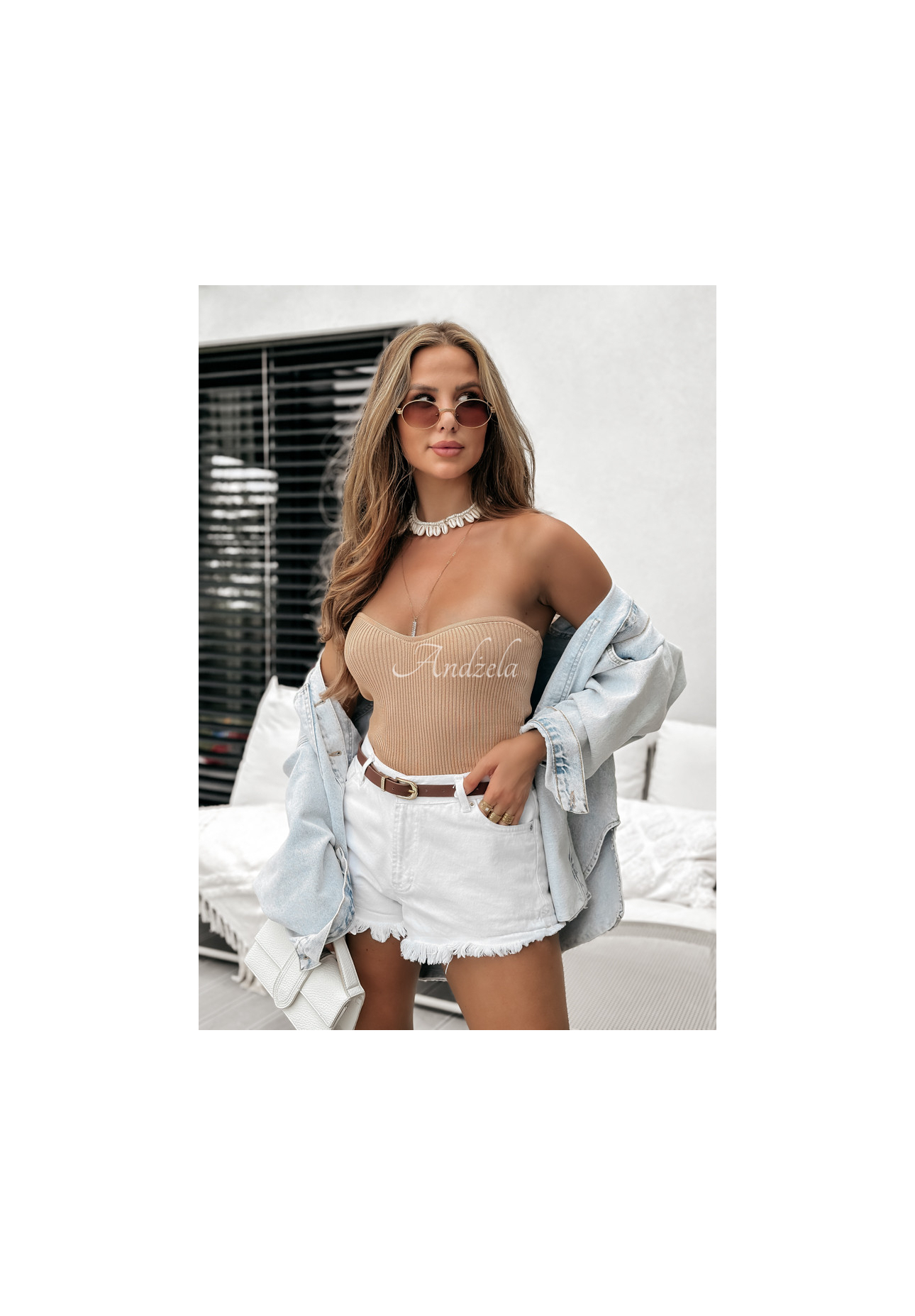 Krátky pruhovaný Top bez ramienok Anaya ťavý