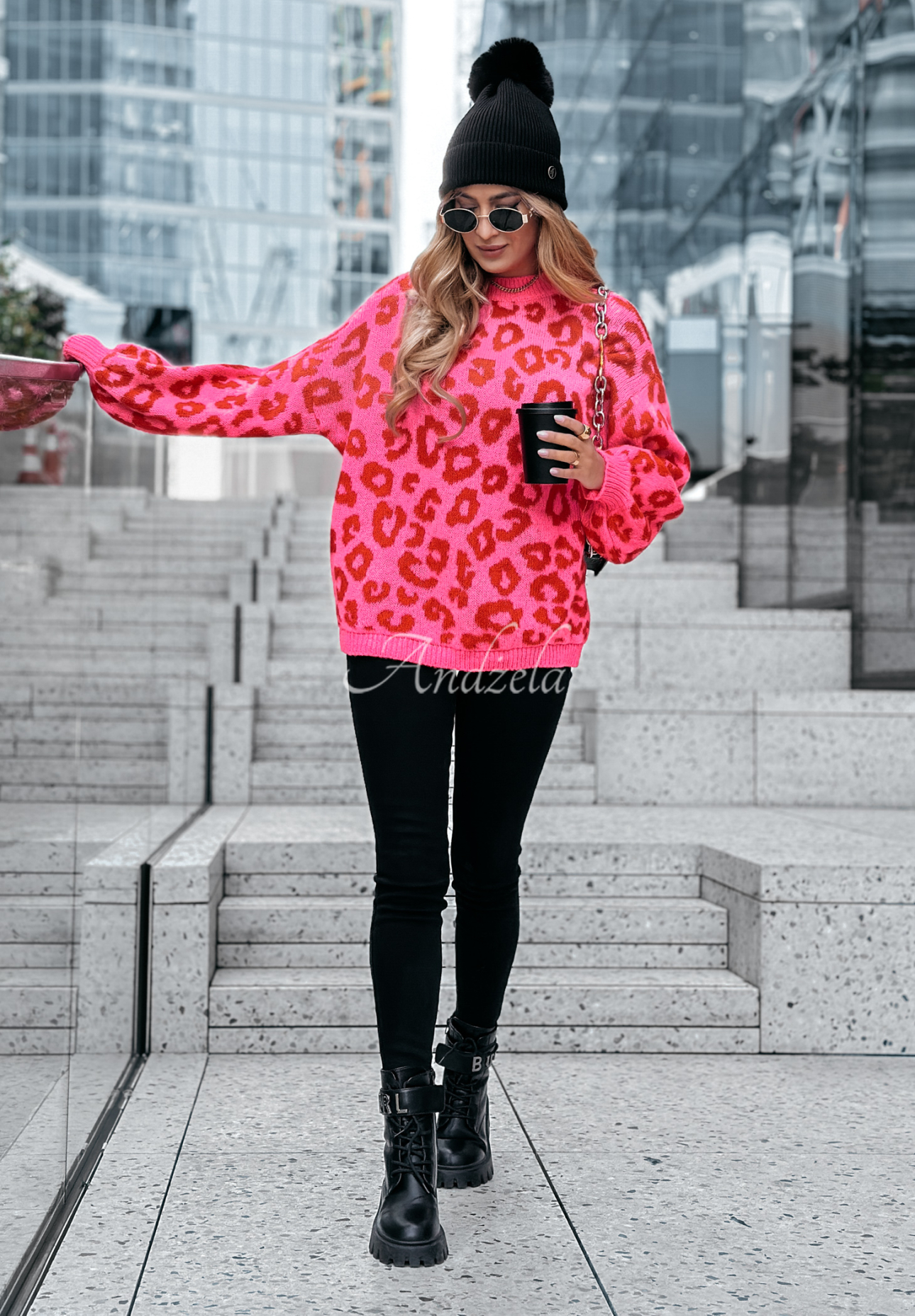 Sveter s leopardím vzorom Girly Chic ružovo-červený